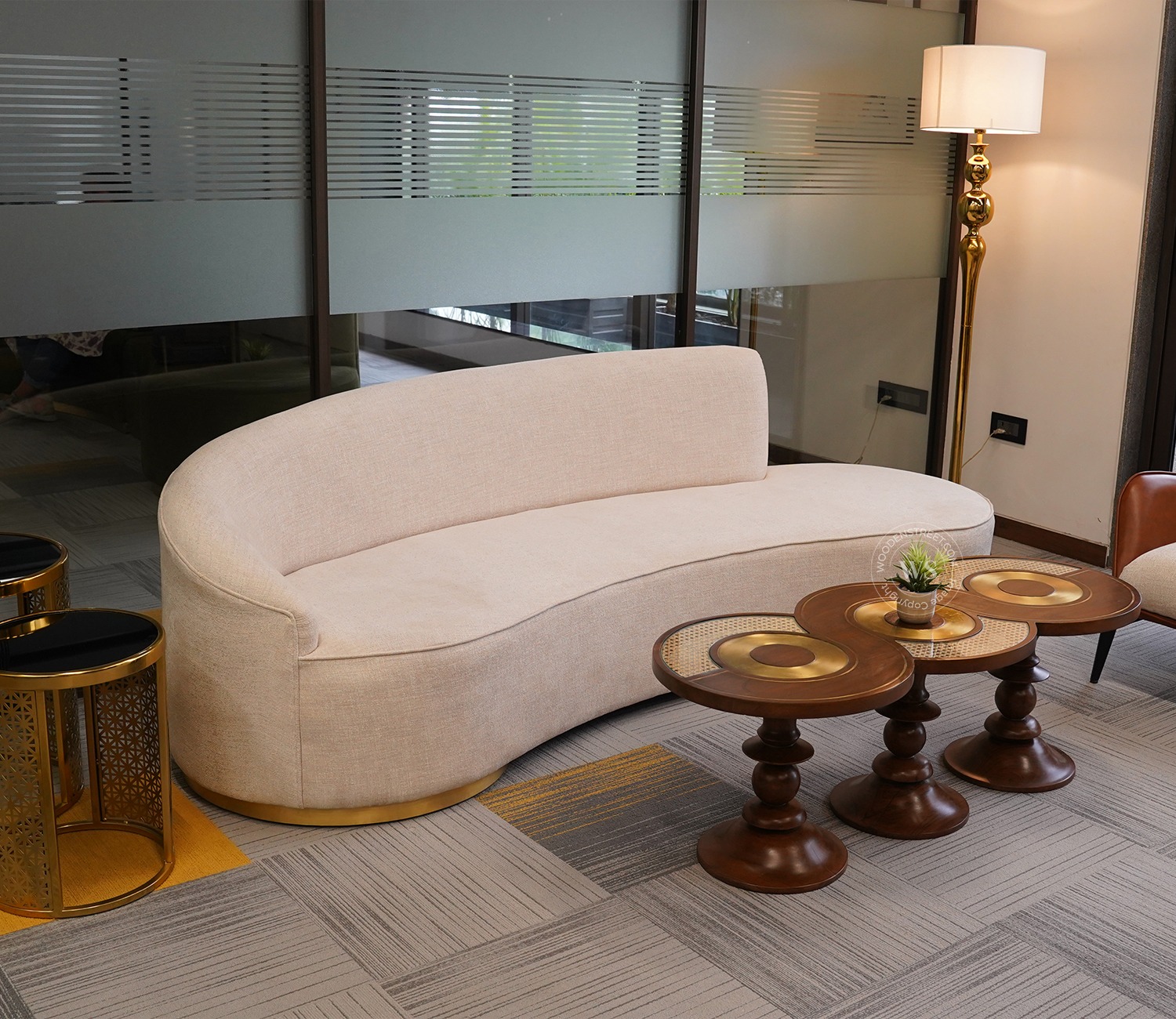 Vedic 3 Seater Sheesham Wood Sofa With Cane and Brass Detailing (Honey Finish, Jade Ivory)