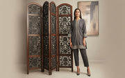 Luxury Teak Wood Room Partition – Fully Hand Carved 4-Panel Folding Divider for Classic Interiors