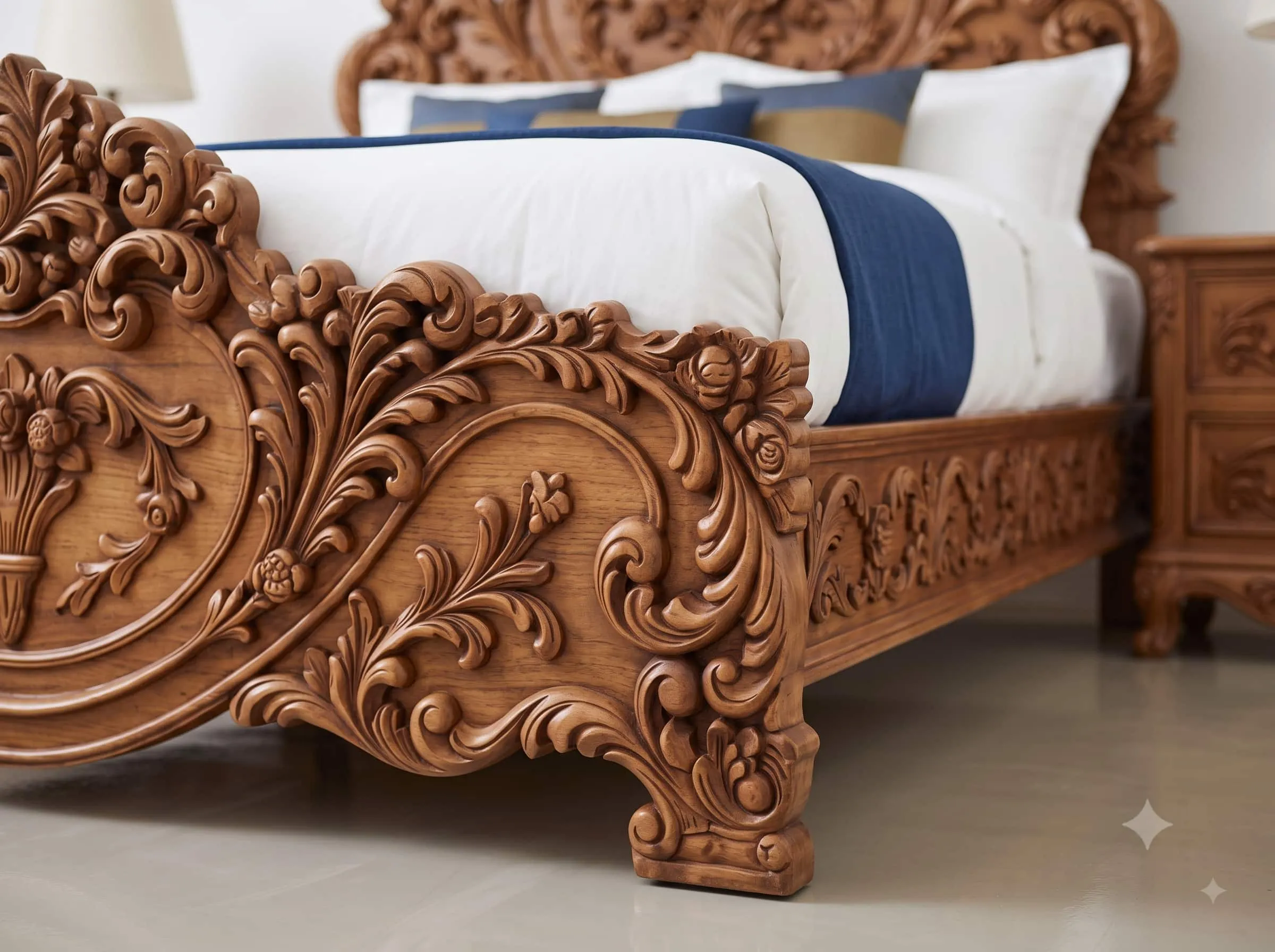 Solid Teak Bed in Natural Finish - Tall Pierced Headboard with Flowers