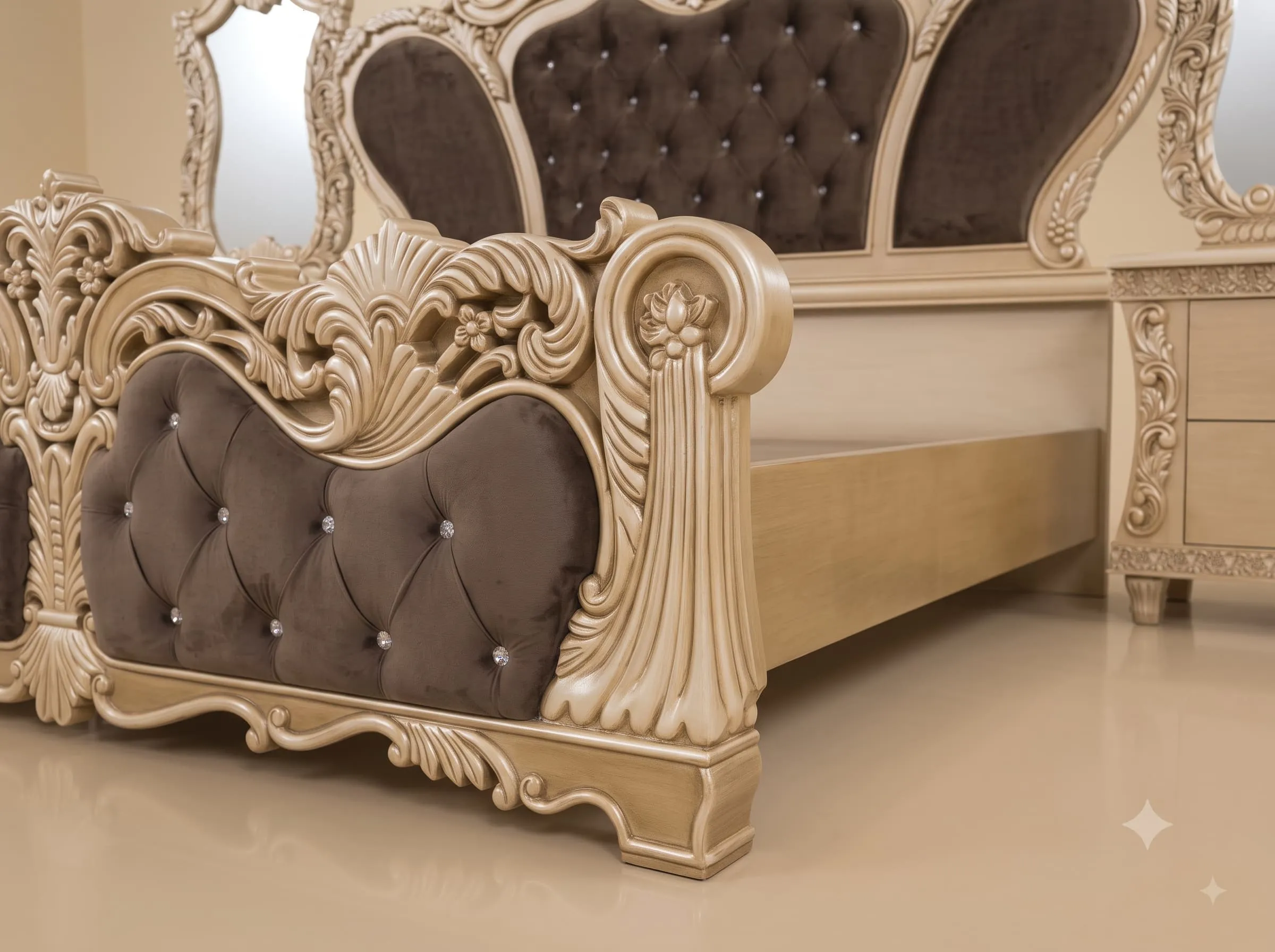 Designer Bedroom Set in Carved Teak - Cream Frame with Brown Velvet