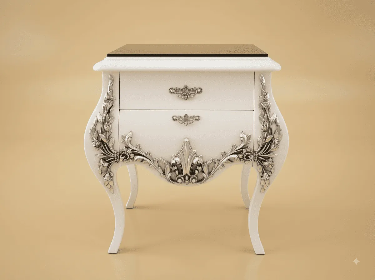White Side Table in Carved Teak - Silver Highlights with Dark Top