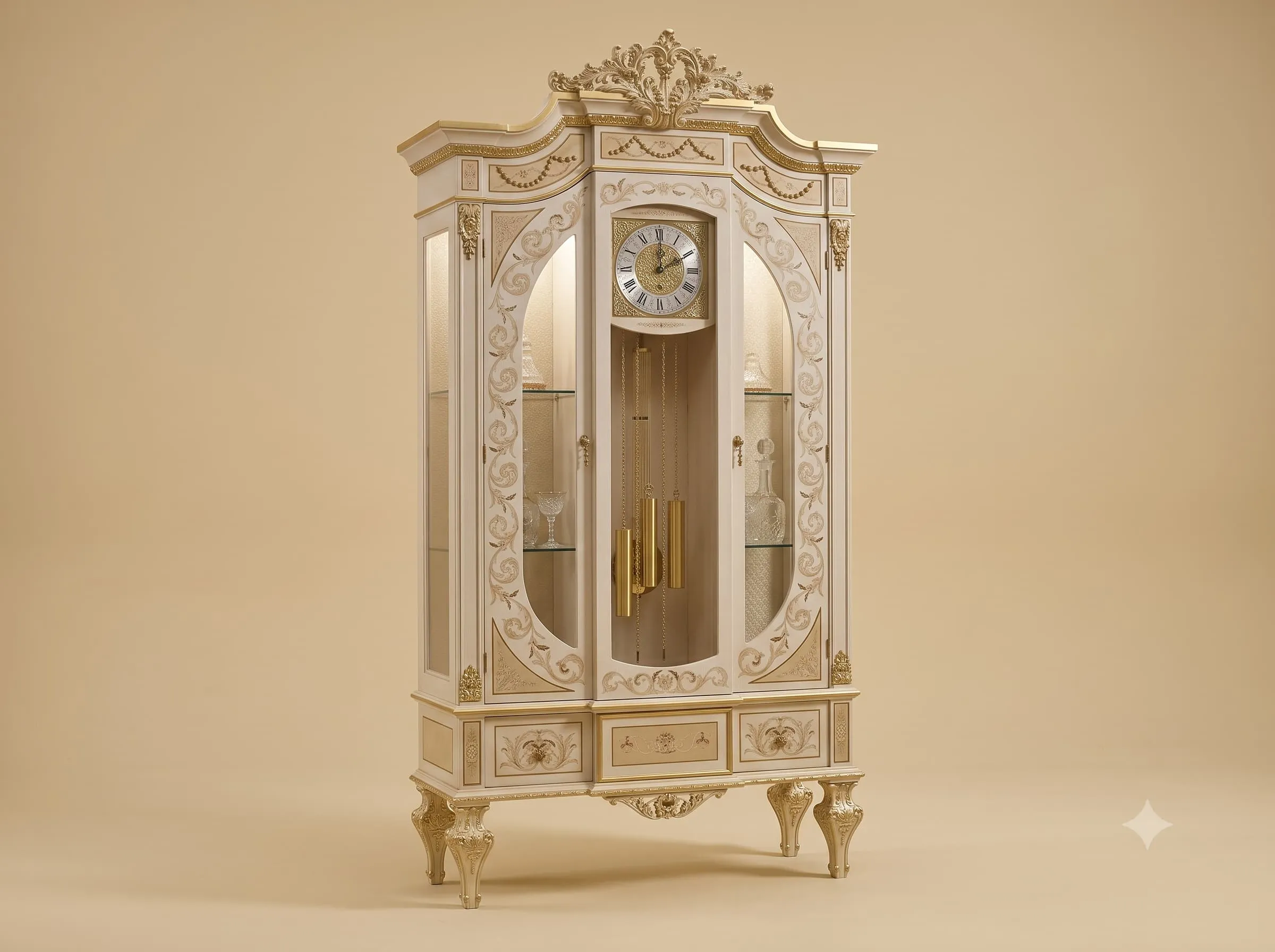 Display Cabinet with Clock in Ivory and Gold on Carved Legs