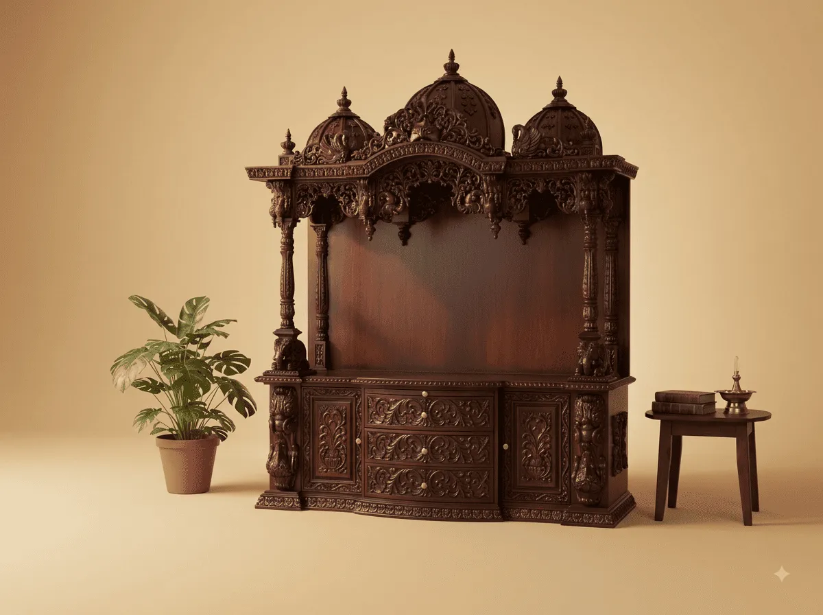 Pooja Mandir with Cupboard in Teak - Three Domes and Wide Back Panel