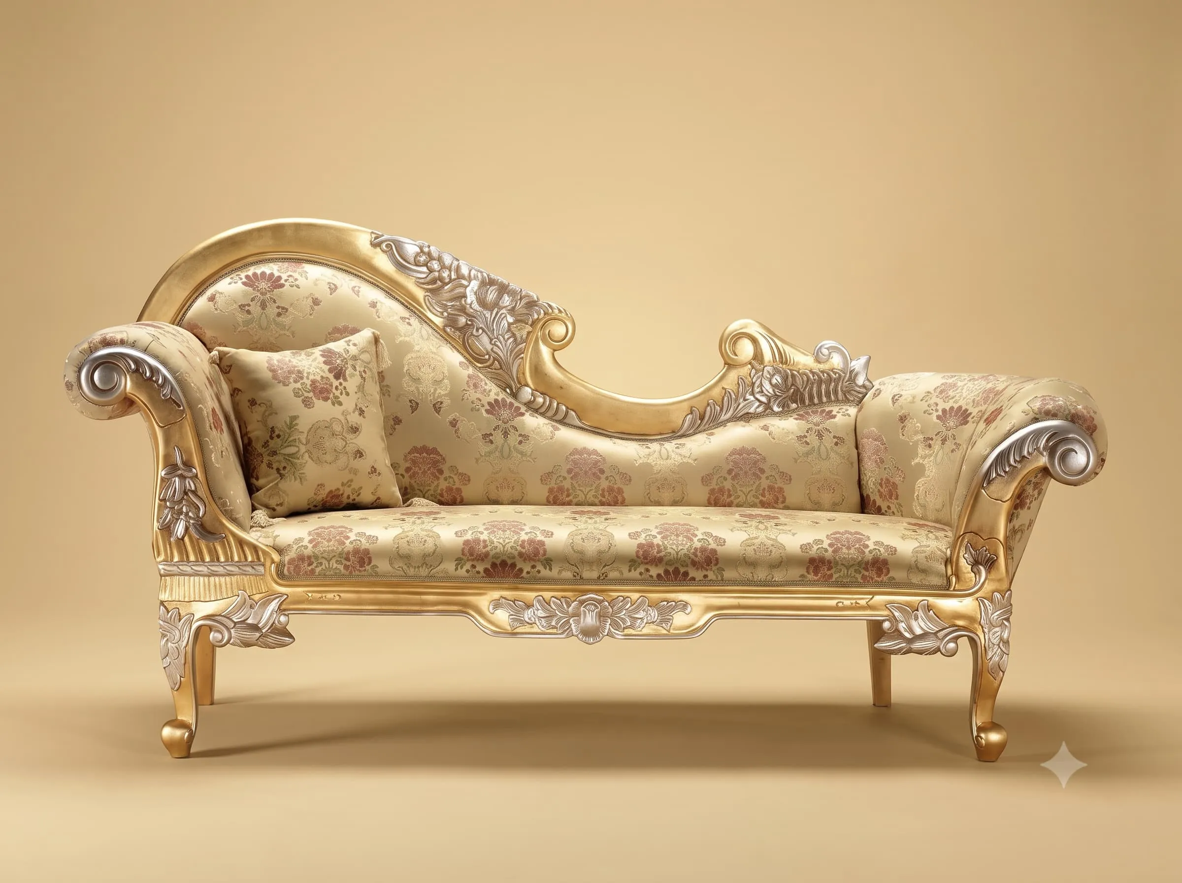 Cream Diwan in Gold and Silver Leaf Teak with Floral Brocade