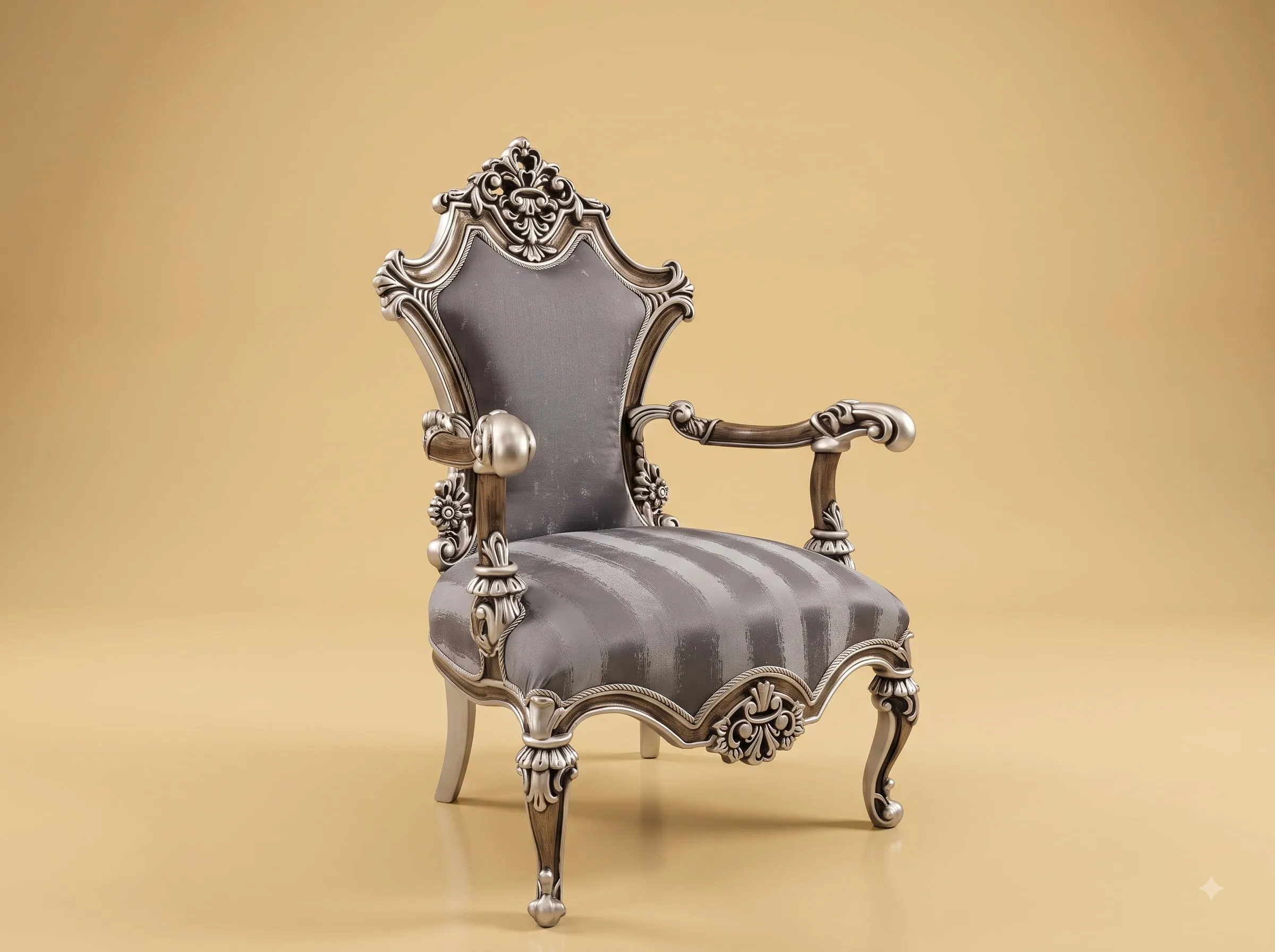 Wooden Armchair in Carved Teak - Silver Finish with Upholstered Back