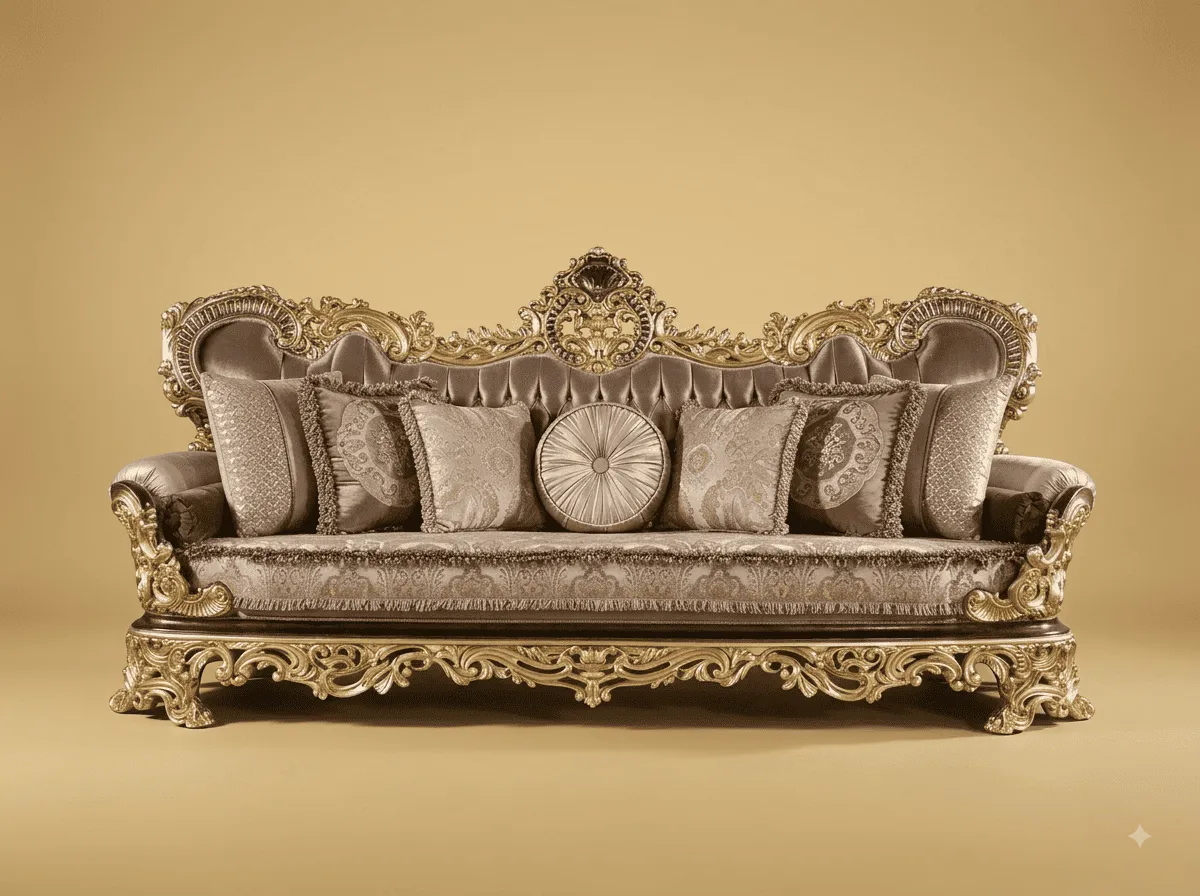 Royal Luxury Handcrafted Carved Teak Sofa | Gold and Taupe Fringed Silk