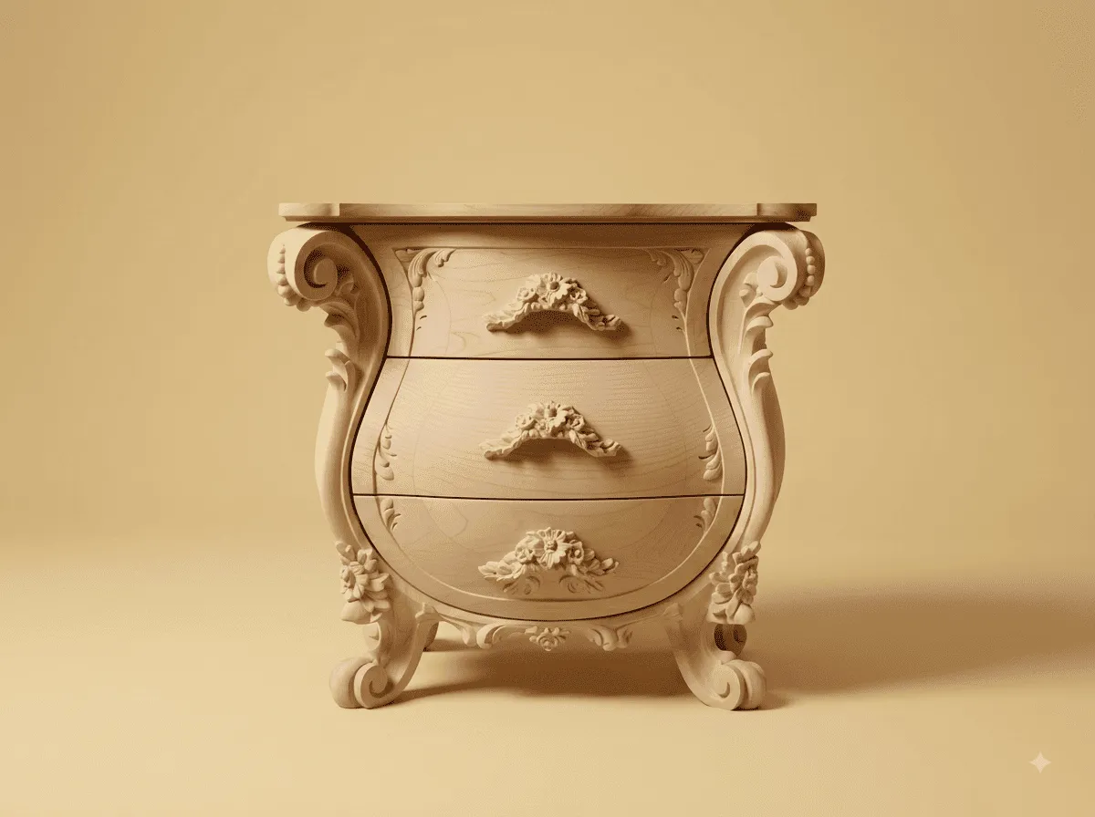 Teak Wood Side Table - Natural Finish with Three Bombe Drawers