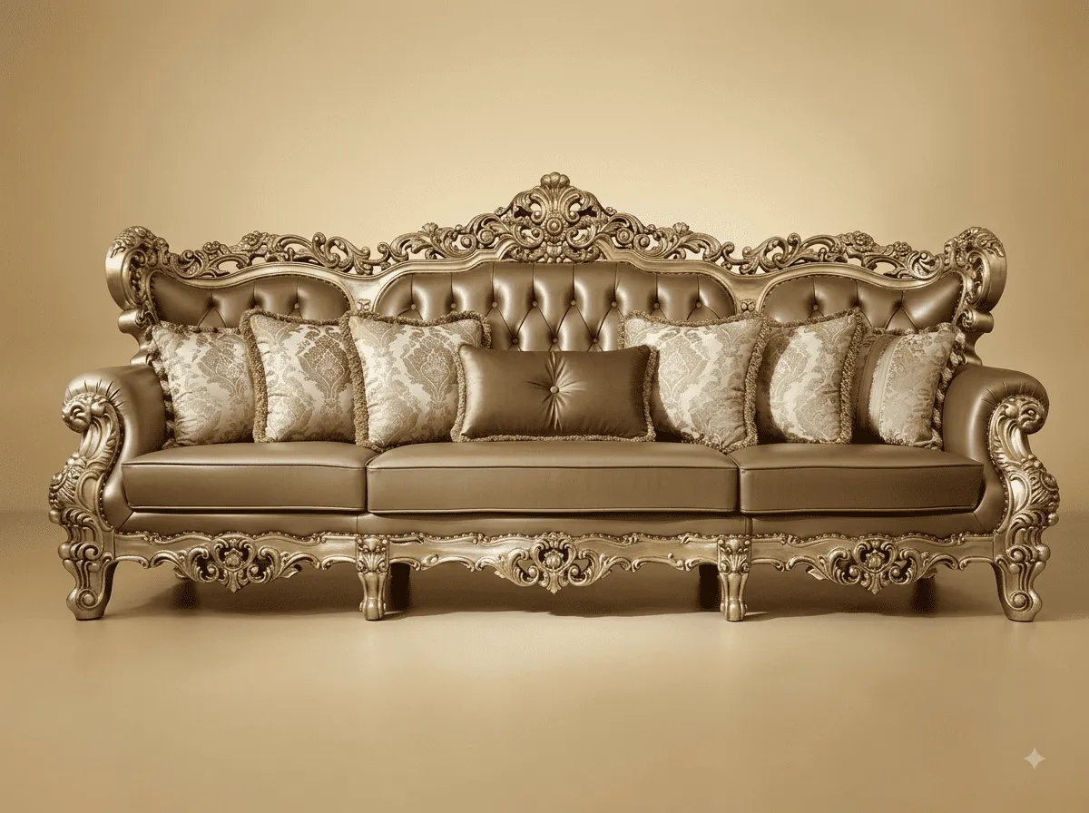 3 Seater Leather Sofa in Carved Teak - Champagne with Pierced Crest