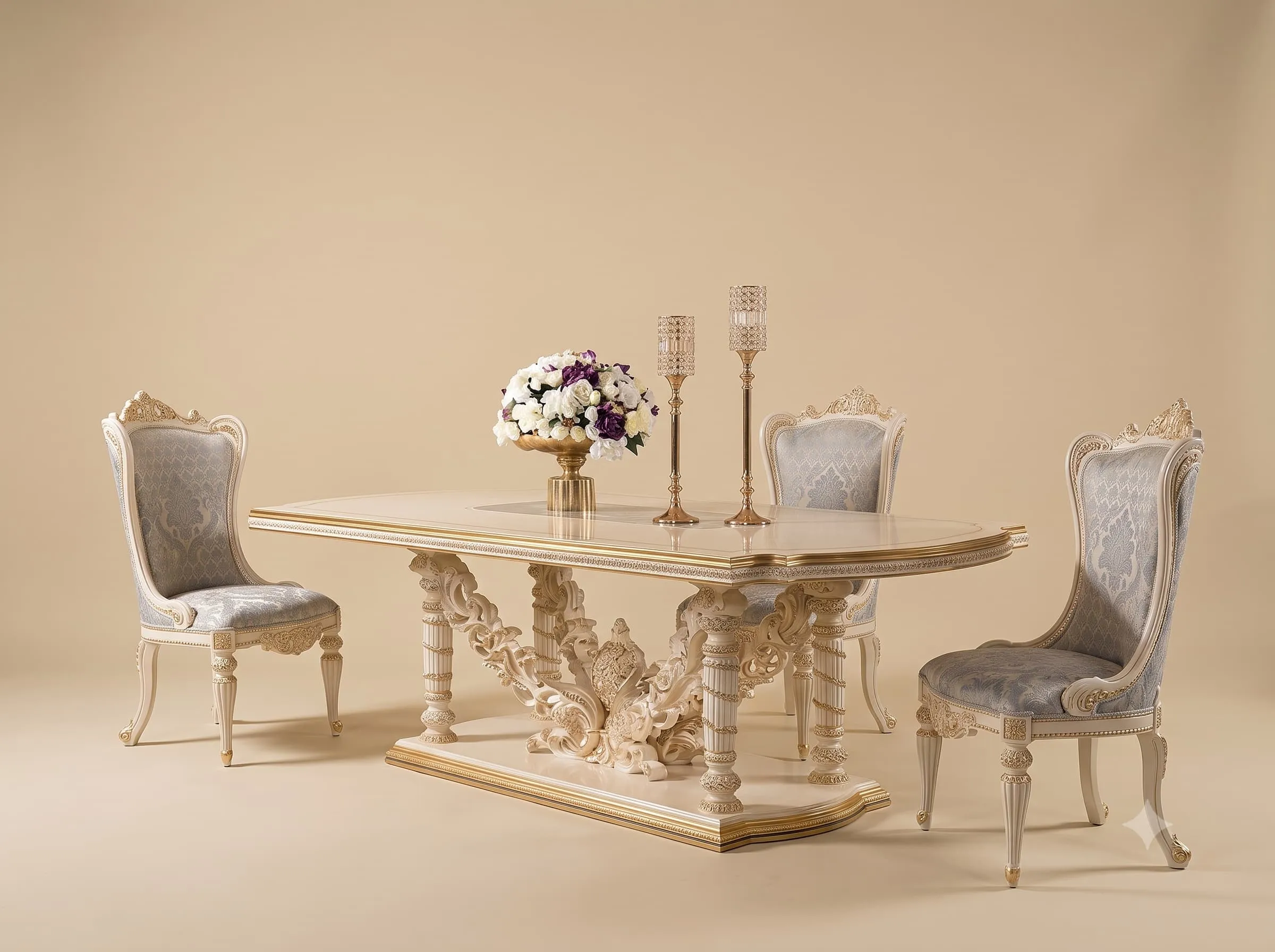 Antique White Dining Table Set in Carved Teak with Column Base