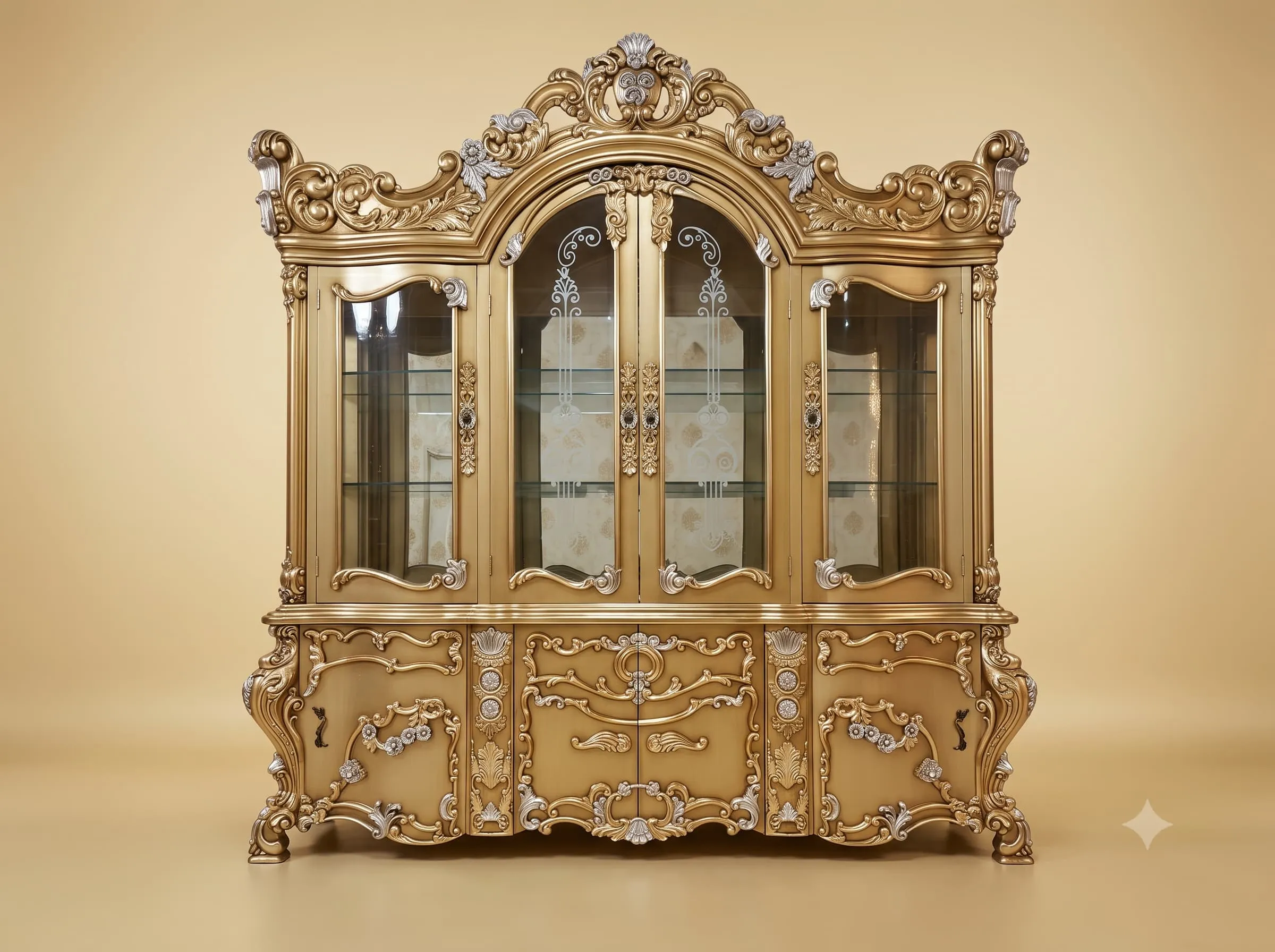 Crockery Cabinet in Carved Teak with Glazed Hutch and Carved Base