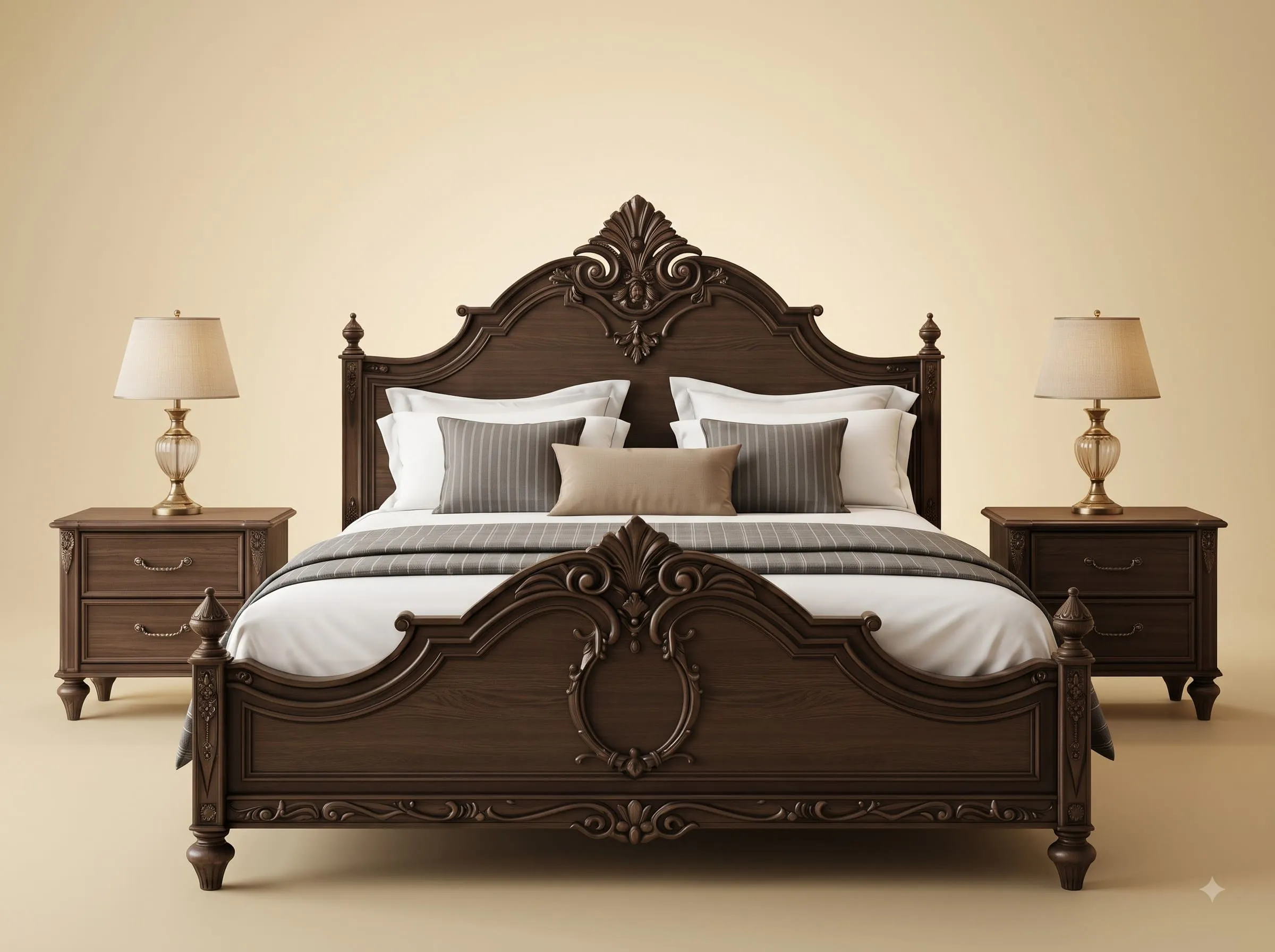 Solid Wood King Size Bed in Dark Walnut - Carved Teak Panelled Design
