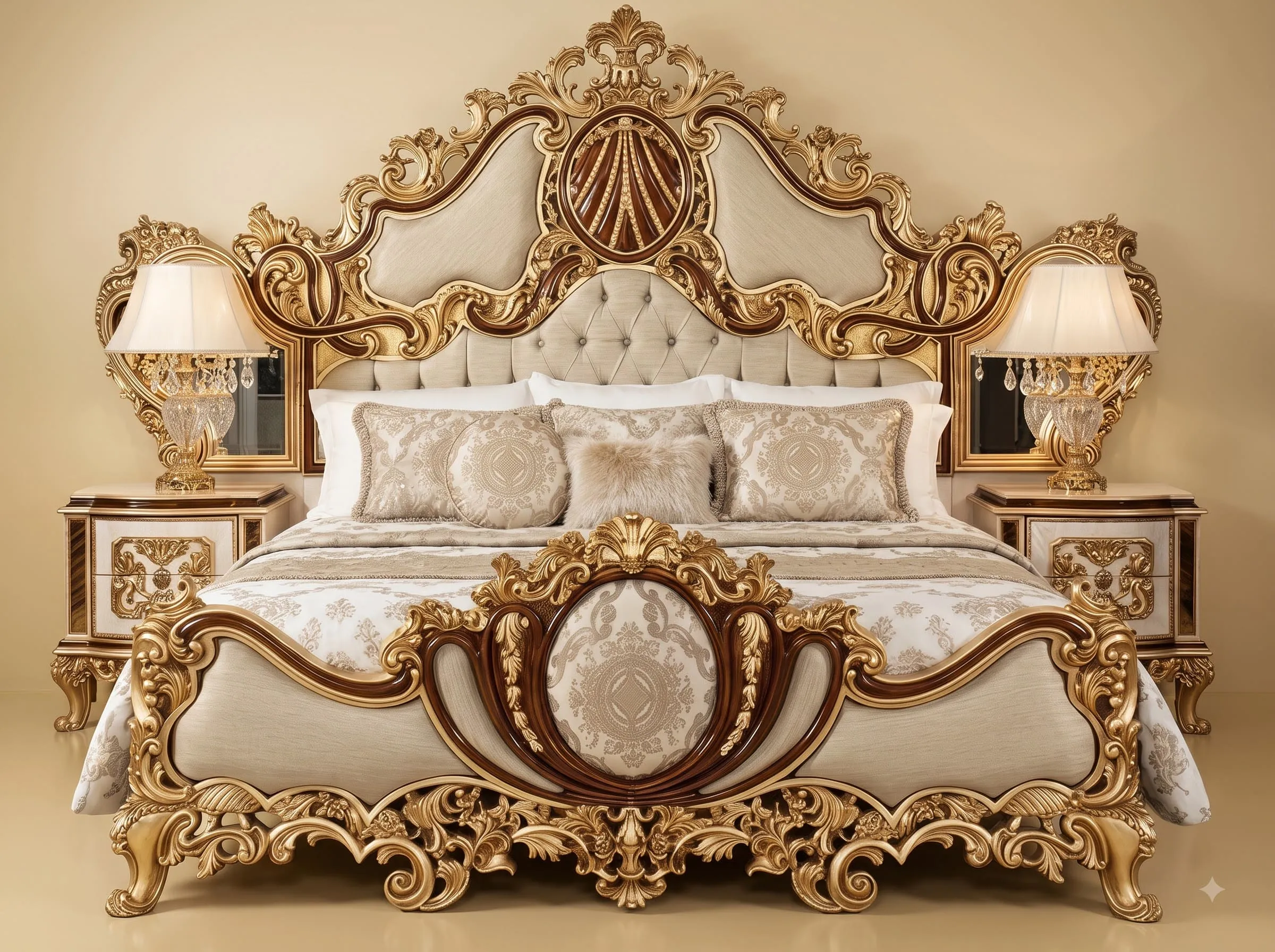 Wide Headboard Bed in Carved Teak - Gold and Rosewood Bedroom Set