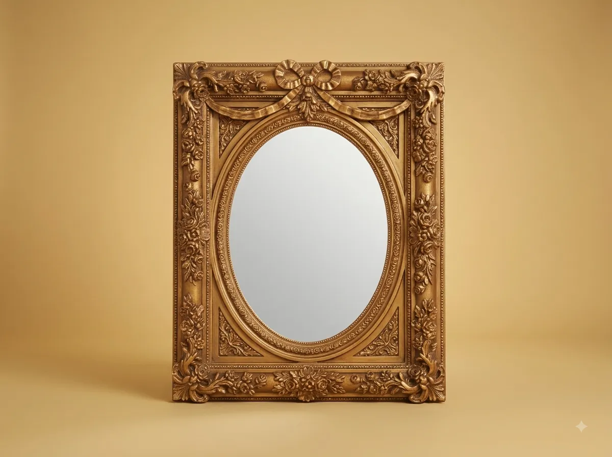 Vintage Style Mirror in Gilded Teak with an Oval Plate and Bow Crest