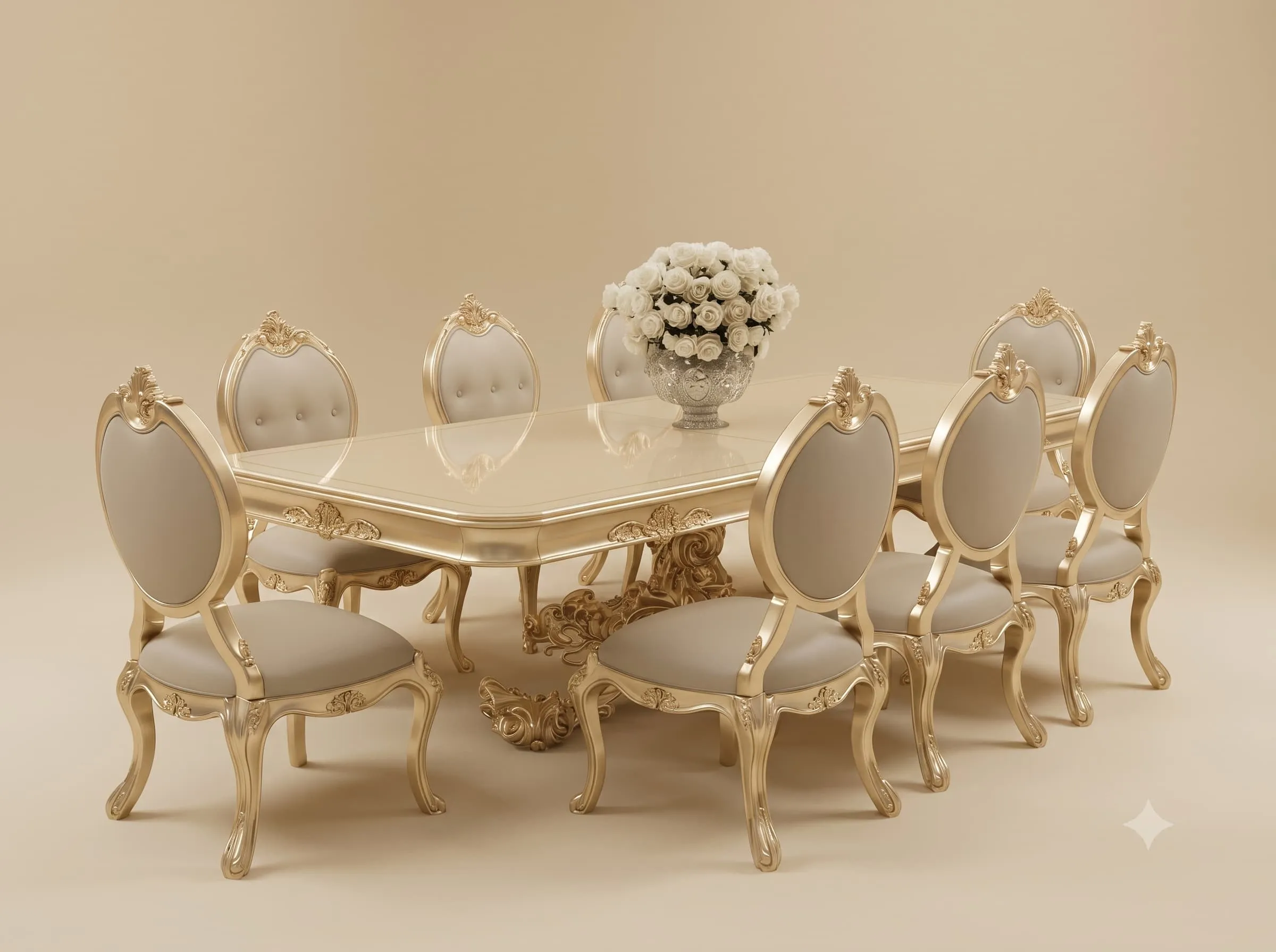 8 Seater Dining Table in Carved Teak with Oval Back Chairs