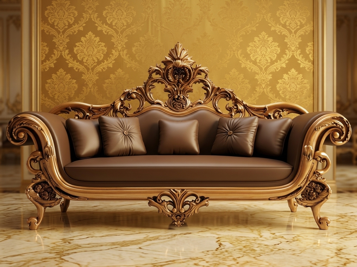 Vedic 3 Seater Solid Teak Wood Sofa With Cane and Brass Detailing | Handcrafted Indian Living Room Sofa (Honey Finish, Jade Ivory) - Image 1