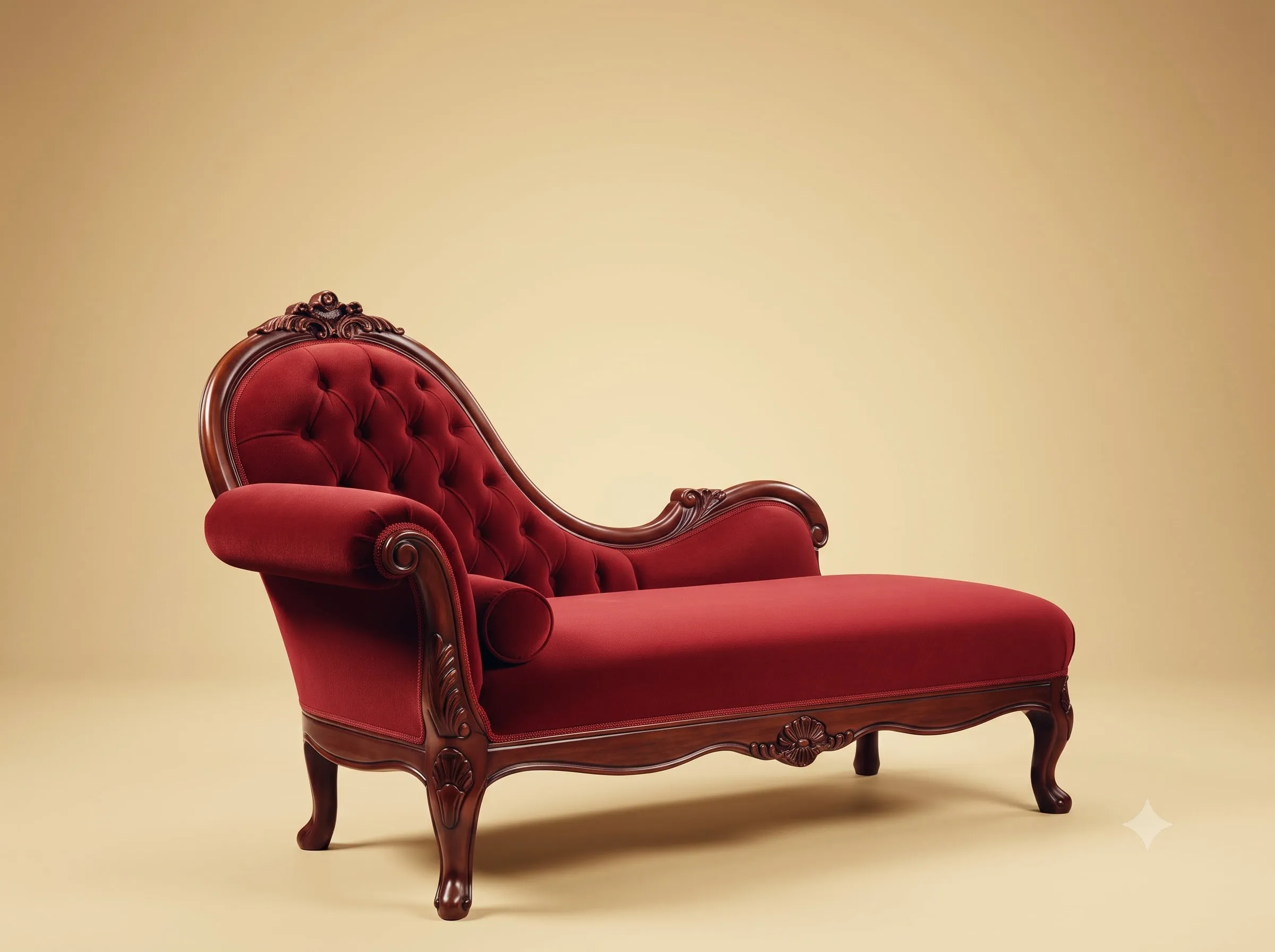 Red Diwan in Walnut Teak with a Deep Buttoned Velvet Back