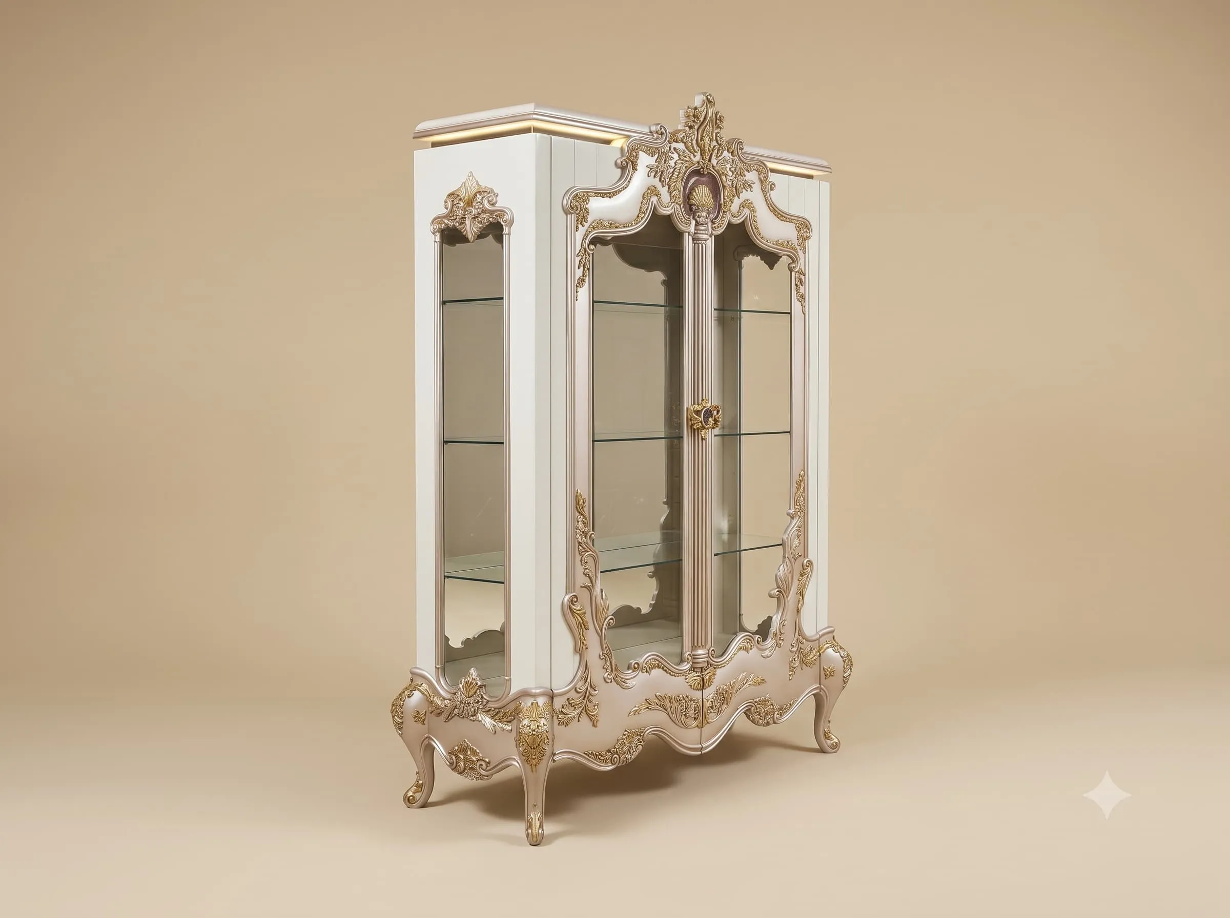 Display Cabinet with Mirror Back in Pearl White and Gold