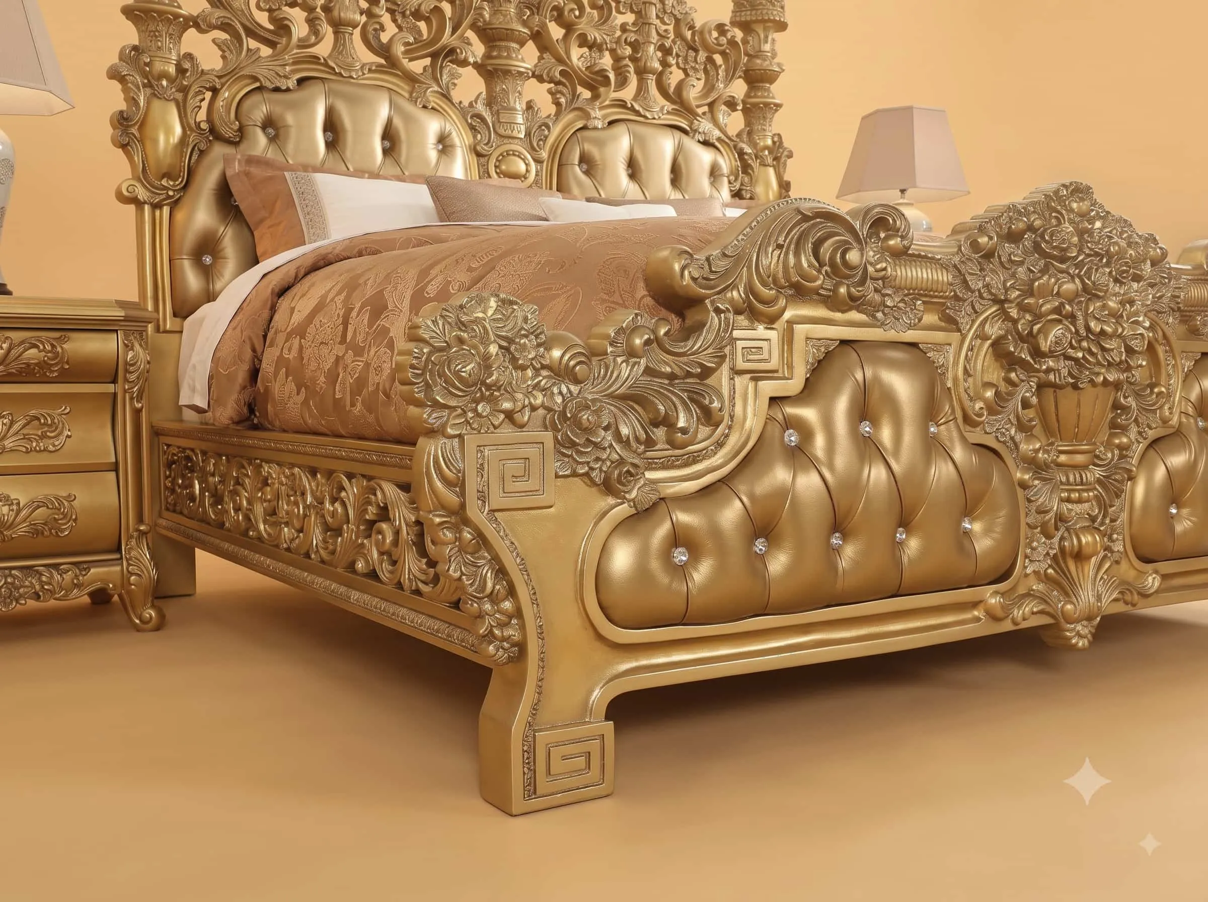 Baroque Bed in Carved Teak - Gold Finish with Greek Key Borders
