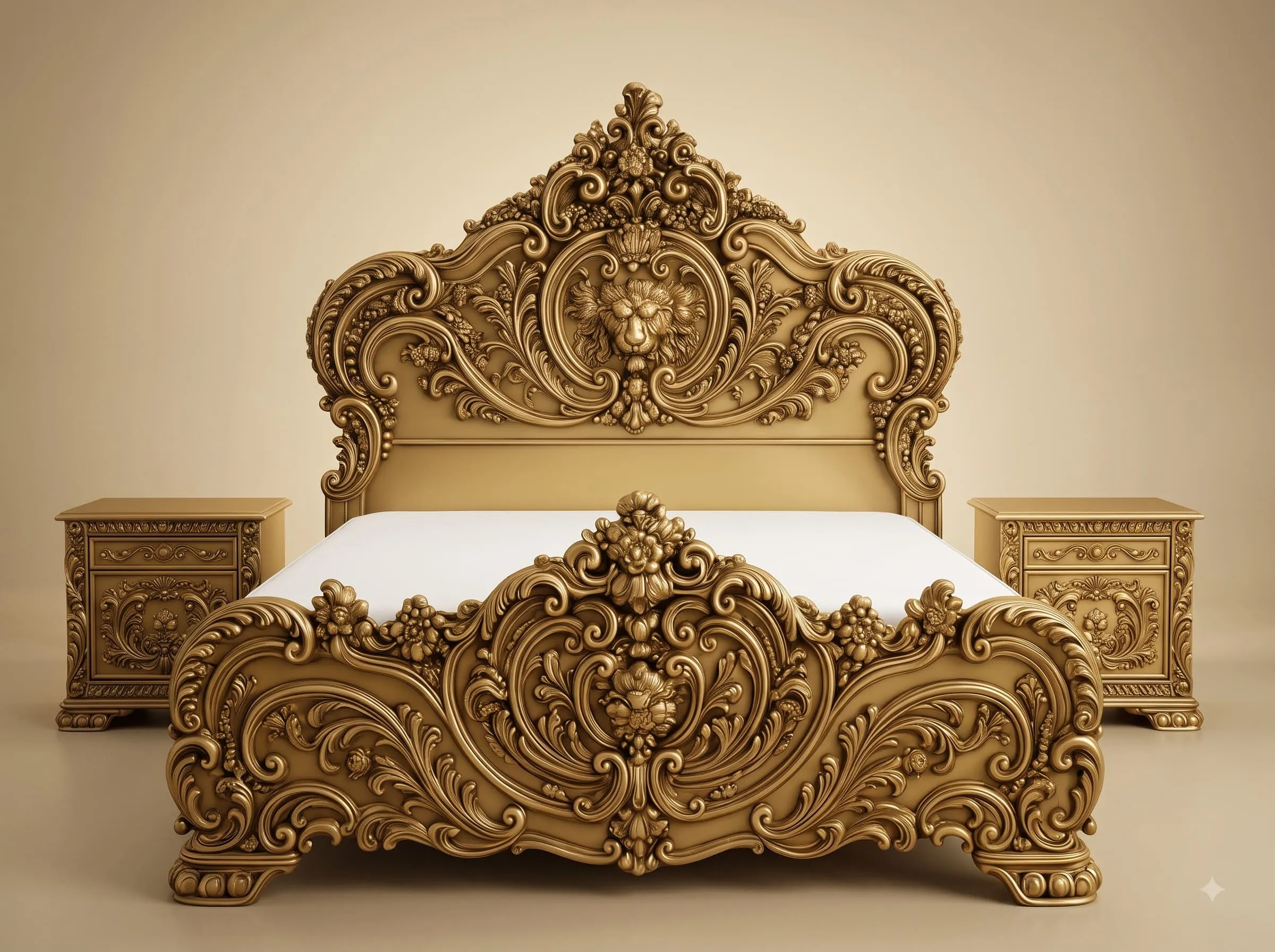 Hand Carved Wooden Bed in Teak - Lion Mask Headboard in Antique Gold