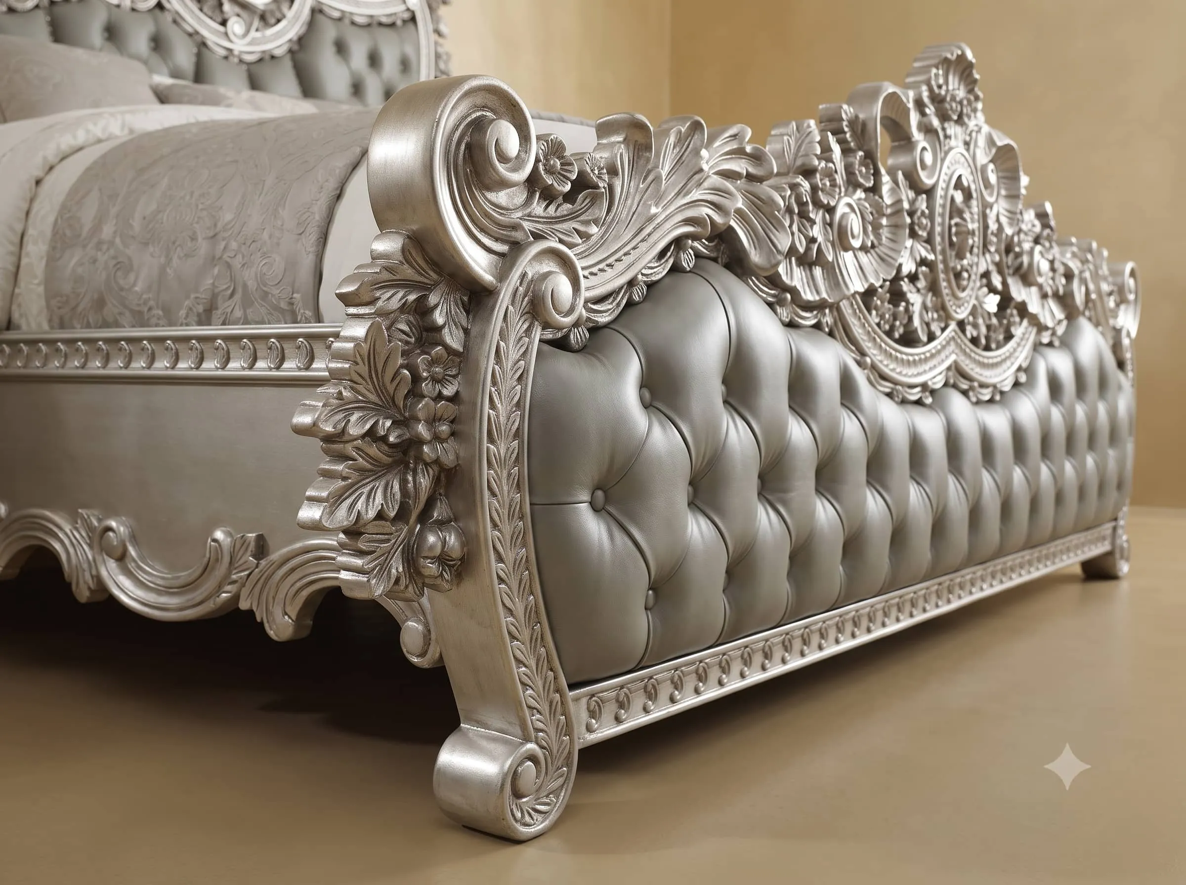 Silver Bed Design in Carved Teak - Grey Leather with Ribbon Carving