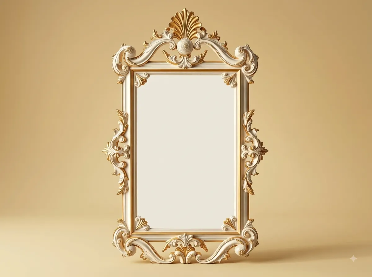 White and Gold Mirror in Carved Teak with an Ivory Finish and Shell Crest