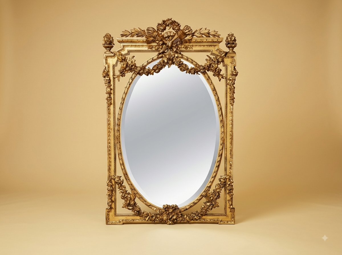 Hand-Carved Teak Wood Oval Bevelled Mirror | Gold Laurel Wreath and Urn Crest