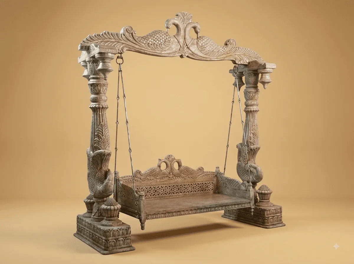Peacock Jhula in Carved Teak - 2 Seater Swing with Pillar Stand