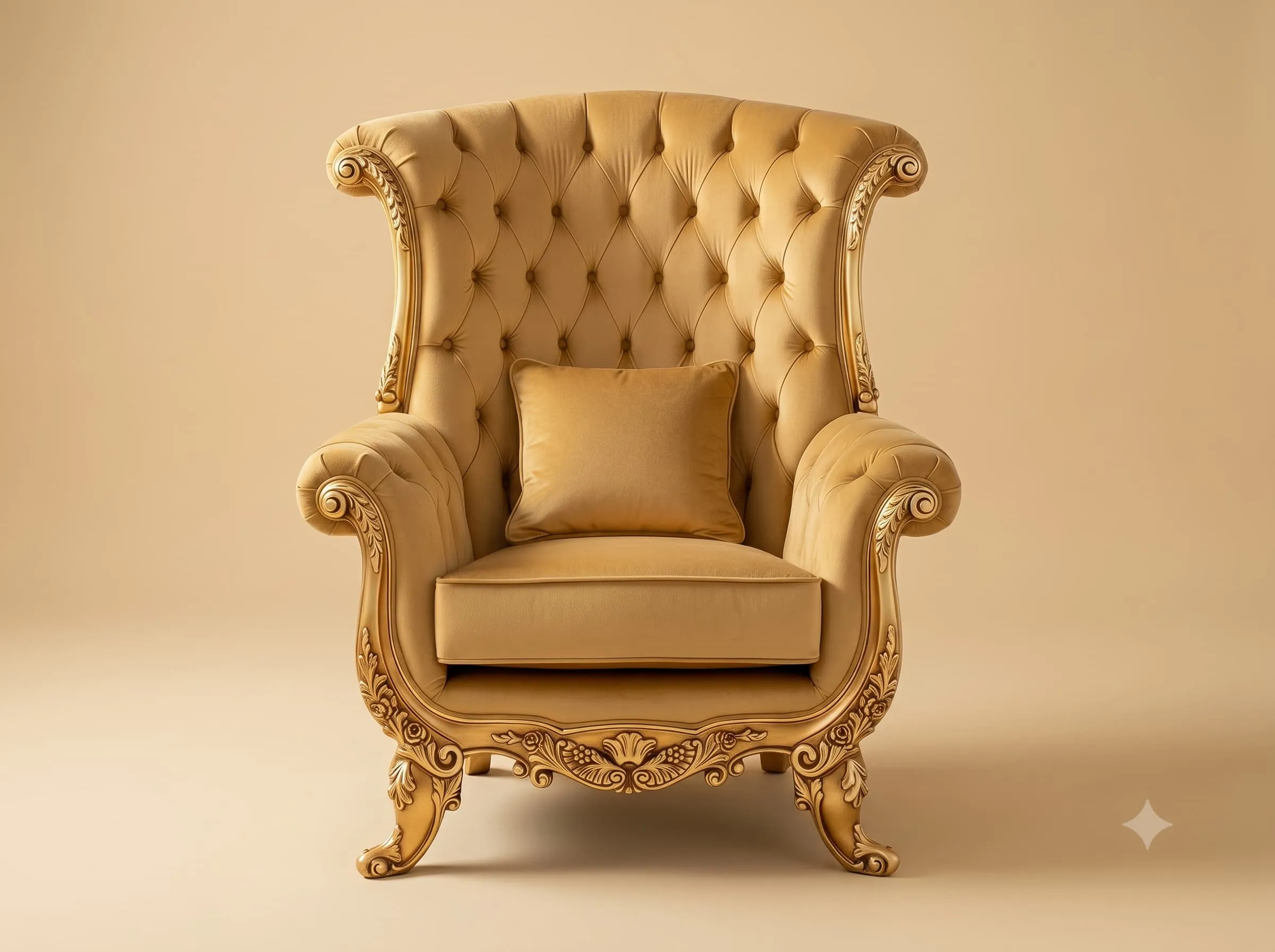 Beige High Back Chair in Carved Teak with Rolled Wings and Arms