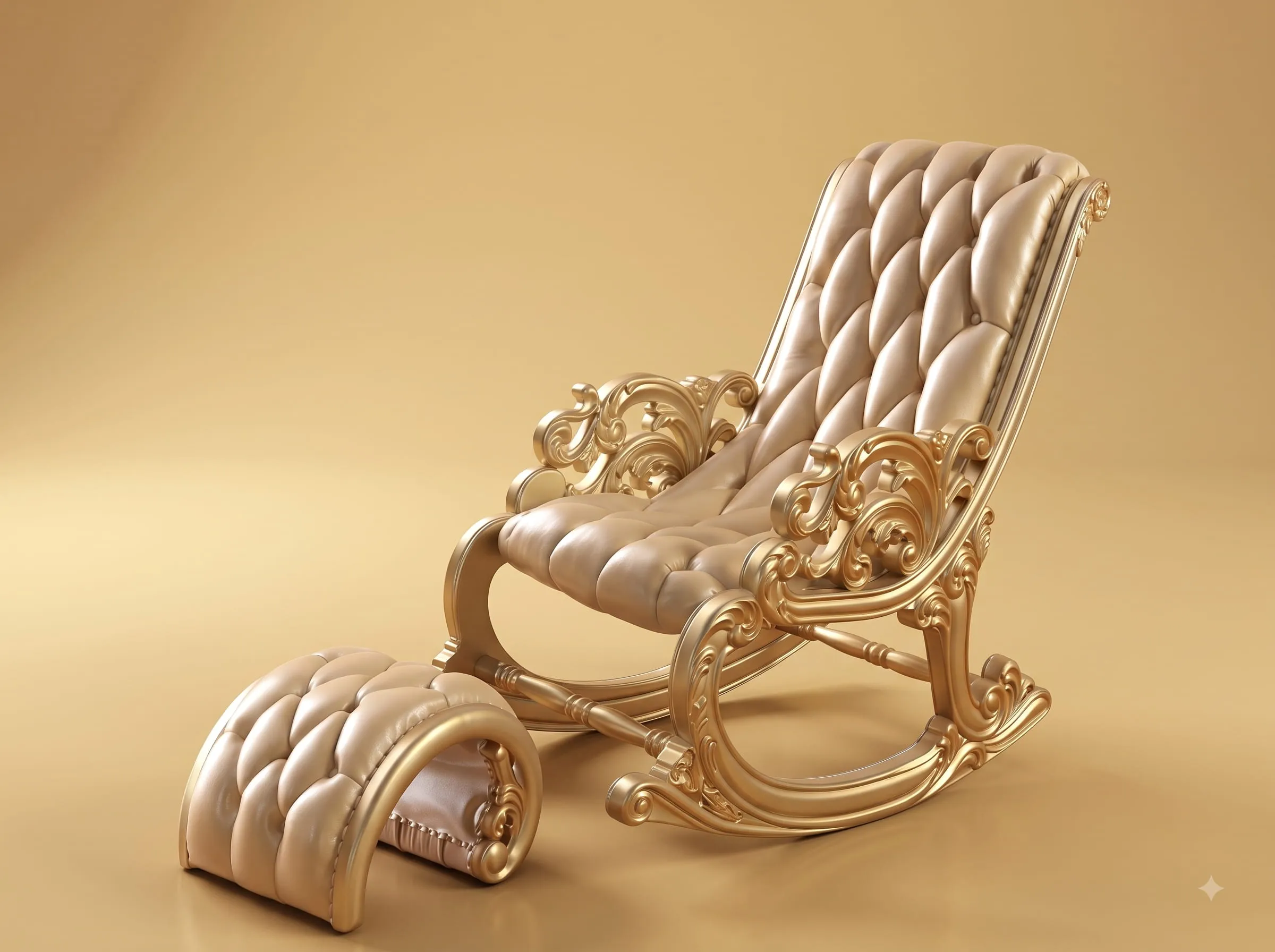 Rocking Chair with Footstool in Carved Teak and Buttoned Leather