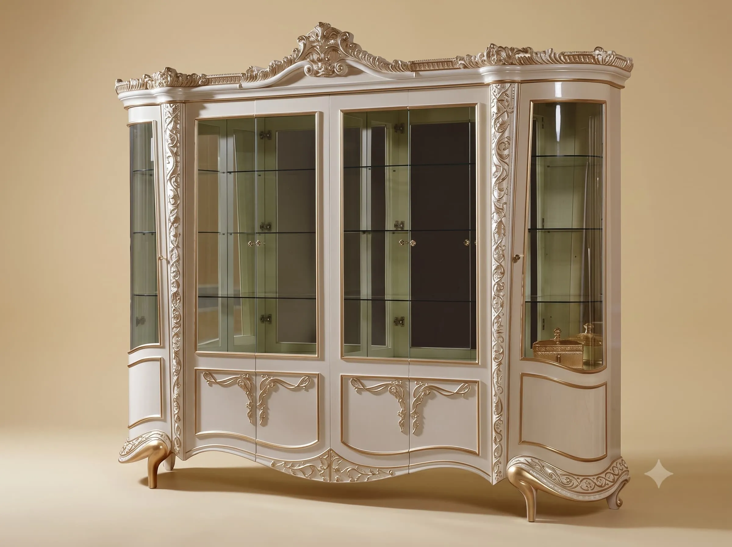 Glass Display Unit with Curved End Bays in Pearl and Champagne