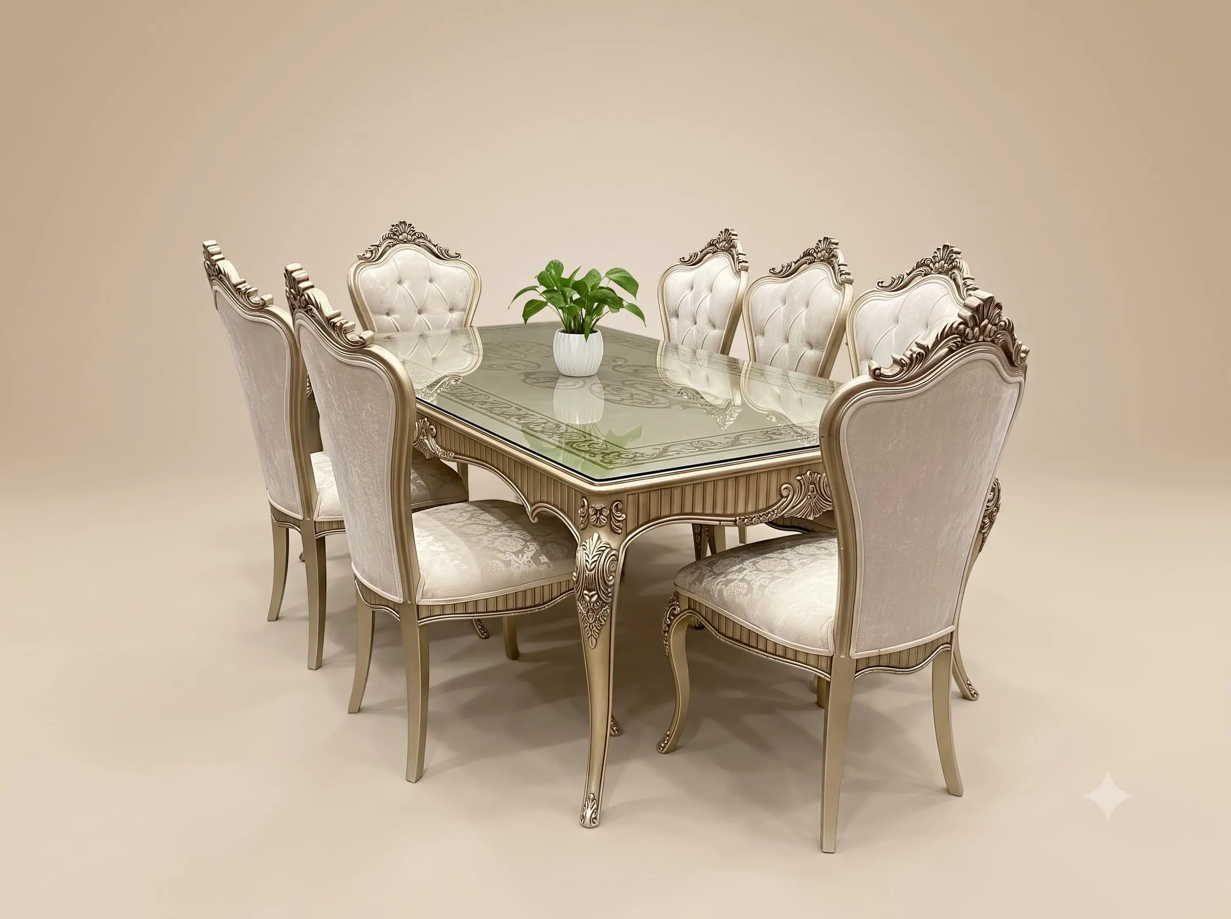 Dining Set with Upholstered Chairs in Carved Teak and Champagne