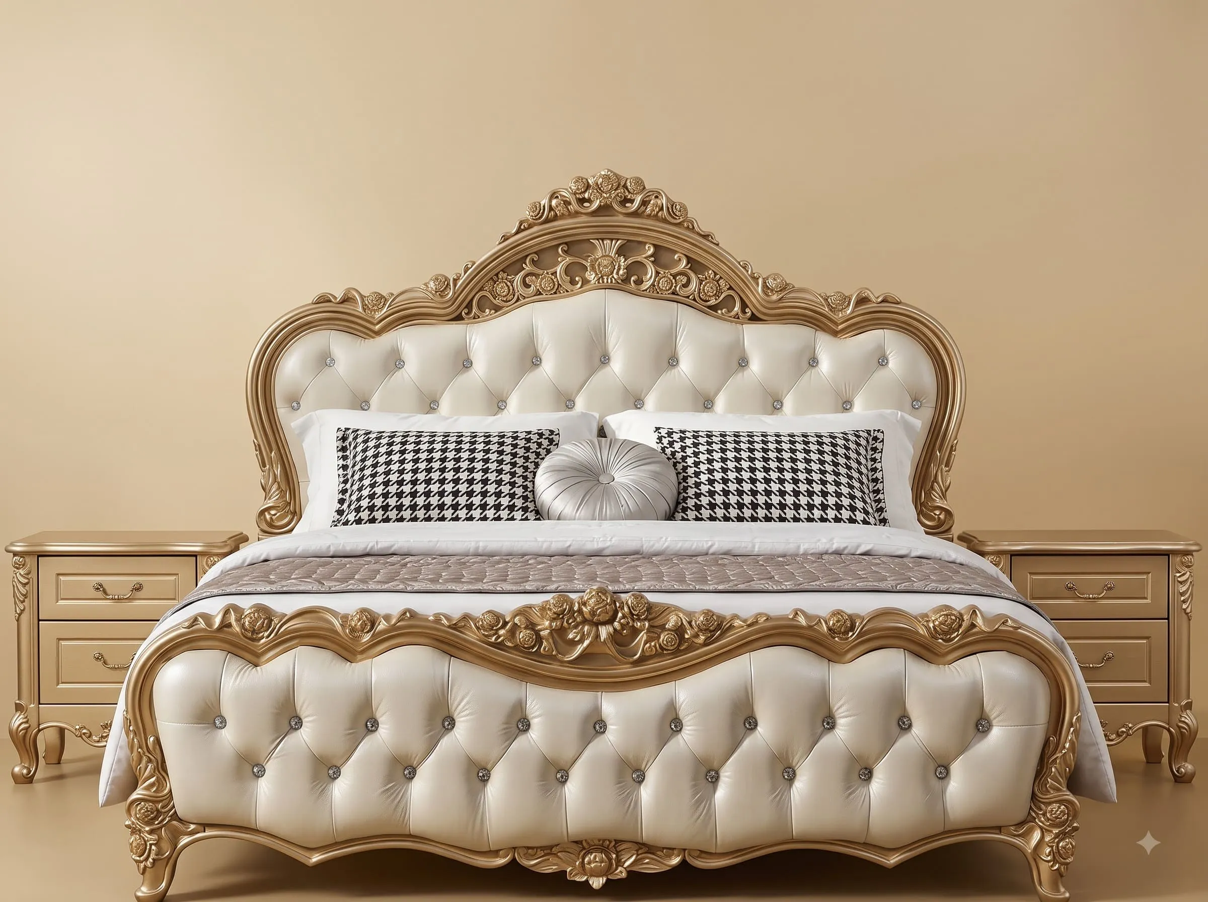 Double Bed Design in Carved Teak - Cream Tufted with Champagne Gold