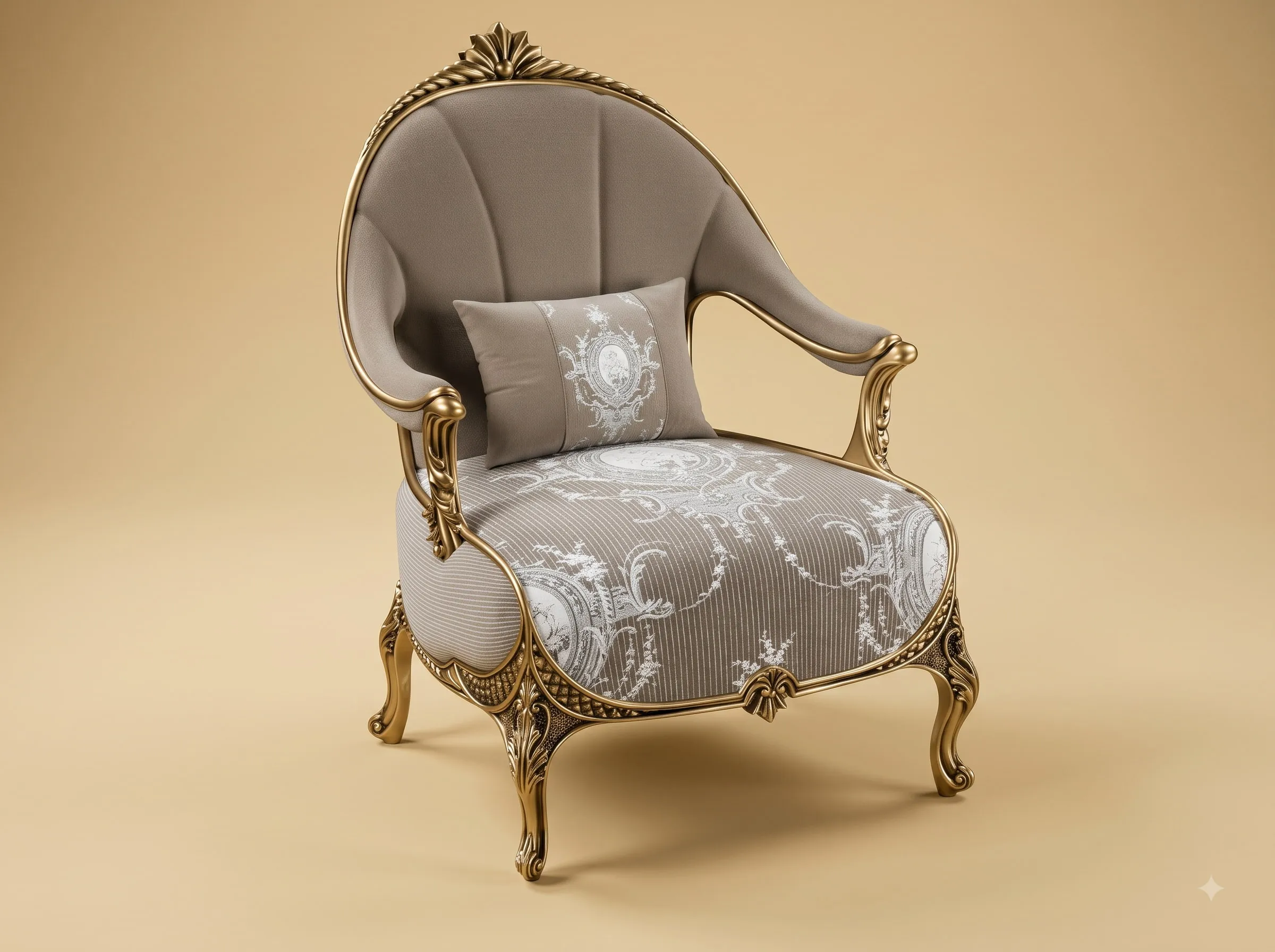 Tub Chair in Carved Teak - Gold Frame with Fluted Curved Back