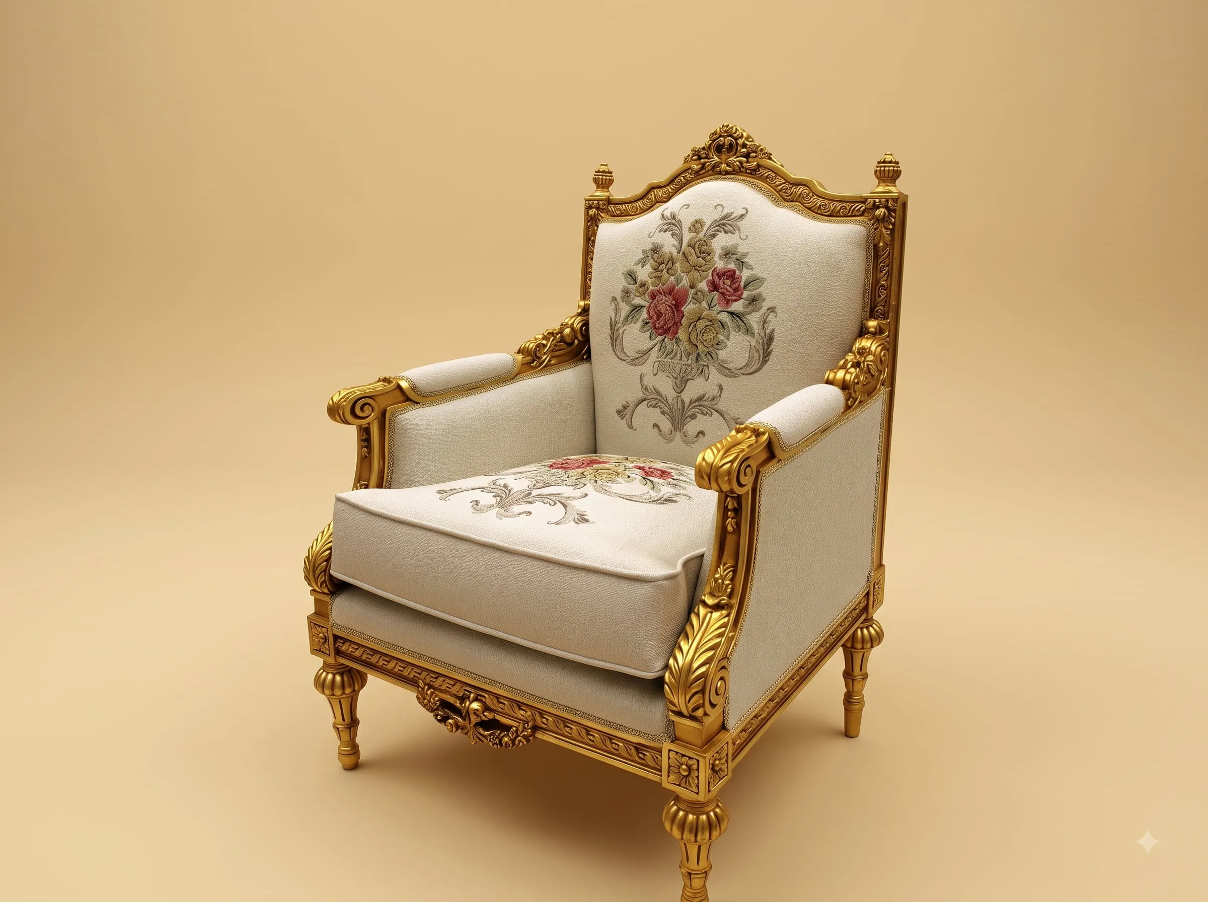 Single Seater Sofa in Carved Teak - Gold Gilt with Floral Panels