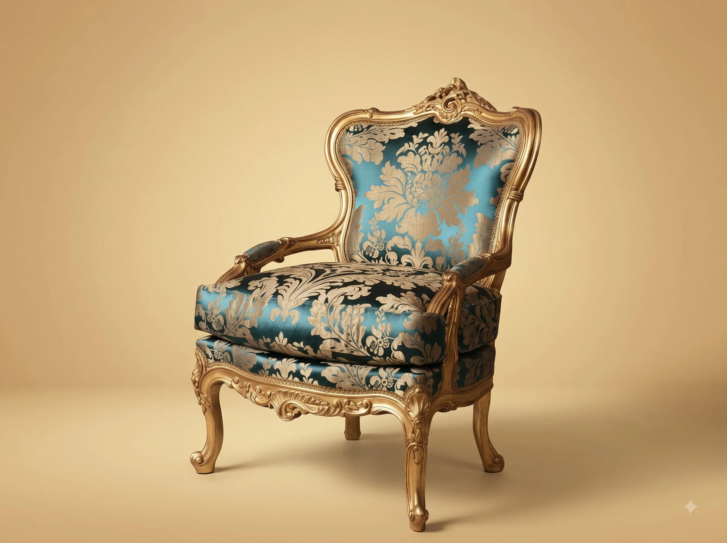 Lounge Chair in Gilded Teak with Blue and Gold Damask