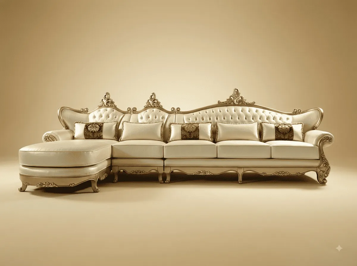 Sectional Sofa in Carved Teak - Ivory with Open Chaise End