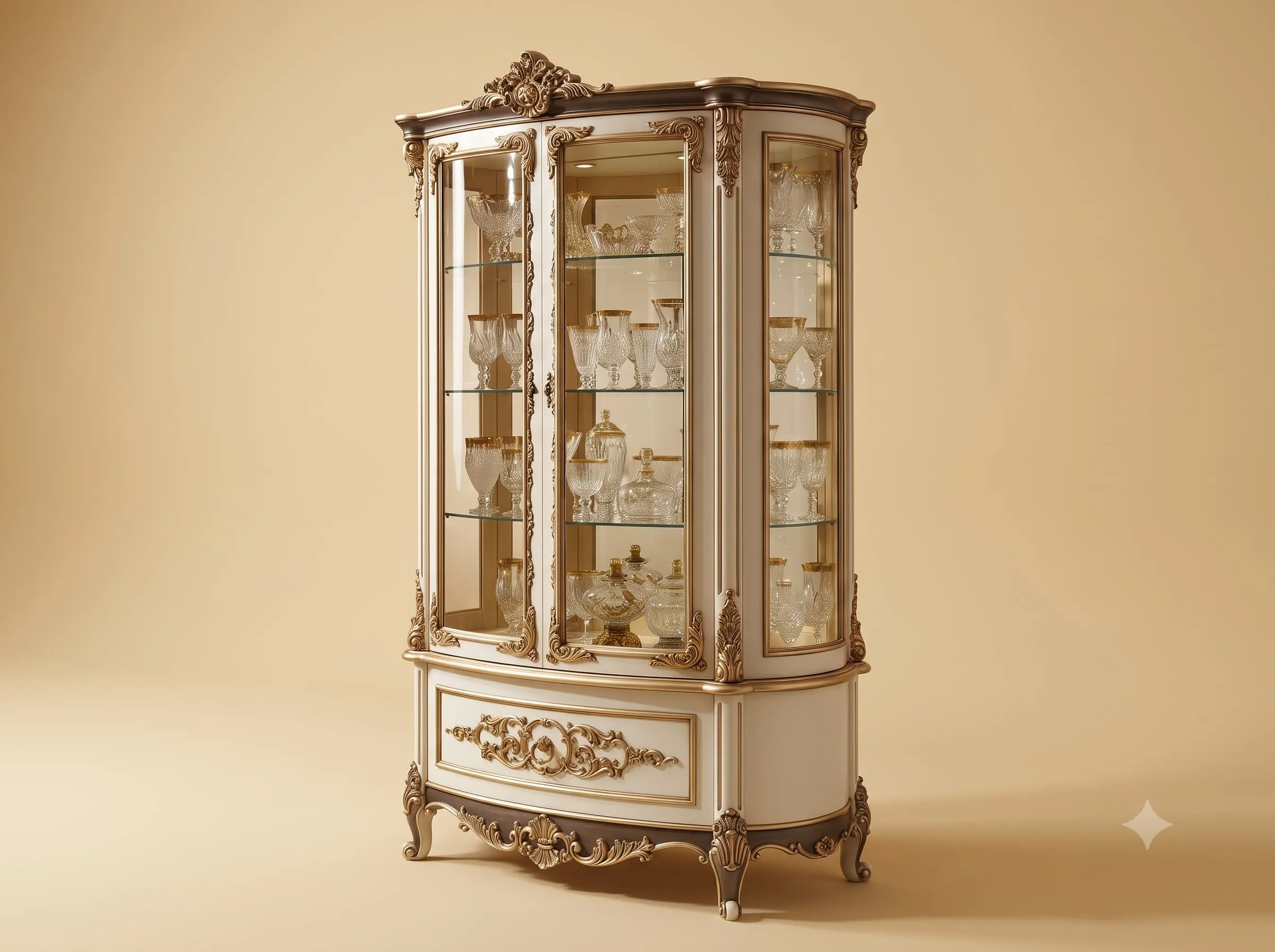 Glass Showcase in Carved Teak with Curved Glass Ends