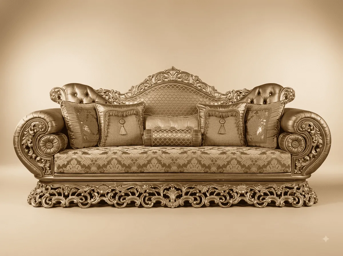 Royal Luxury Handcrafted Carved Teak Sofa | Champagne Scroll Arm Design
