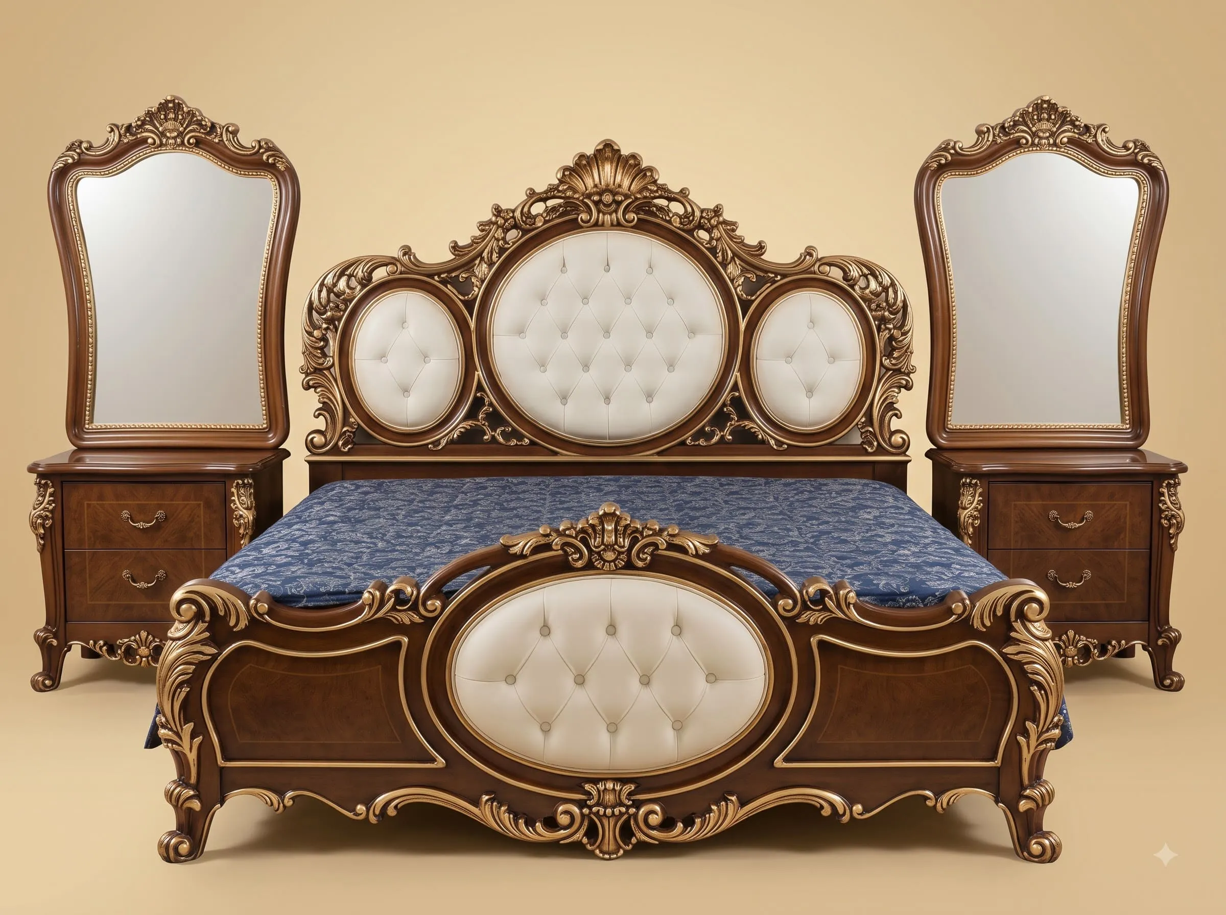Bed with Oval Tufted Headboard in Carved Teak - Brown and Gold Set