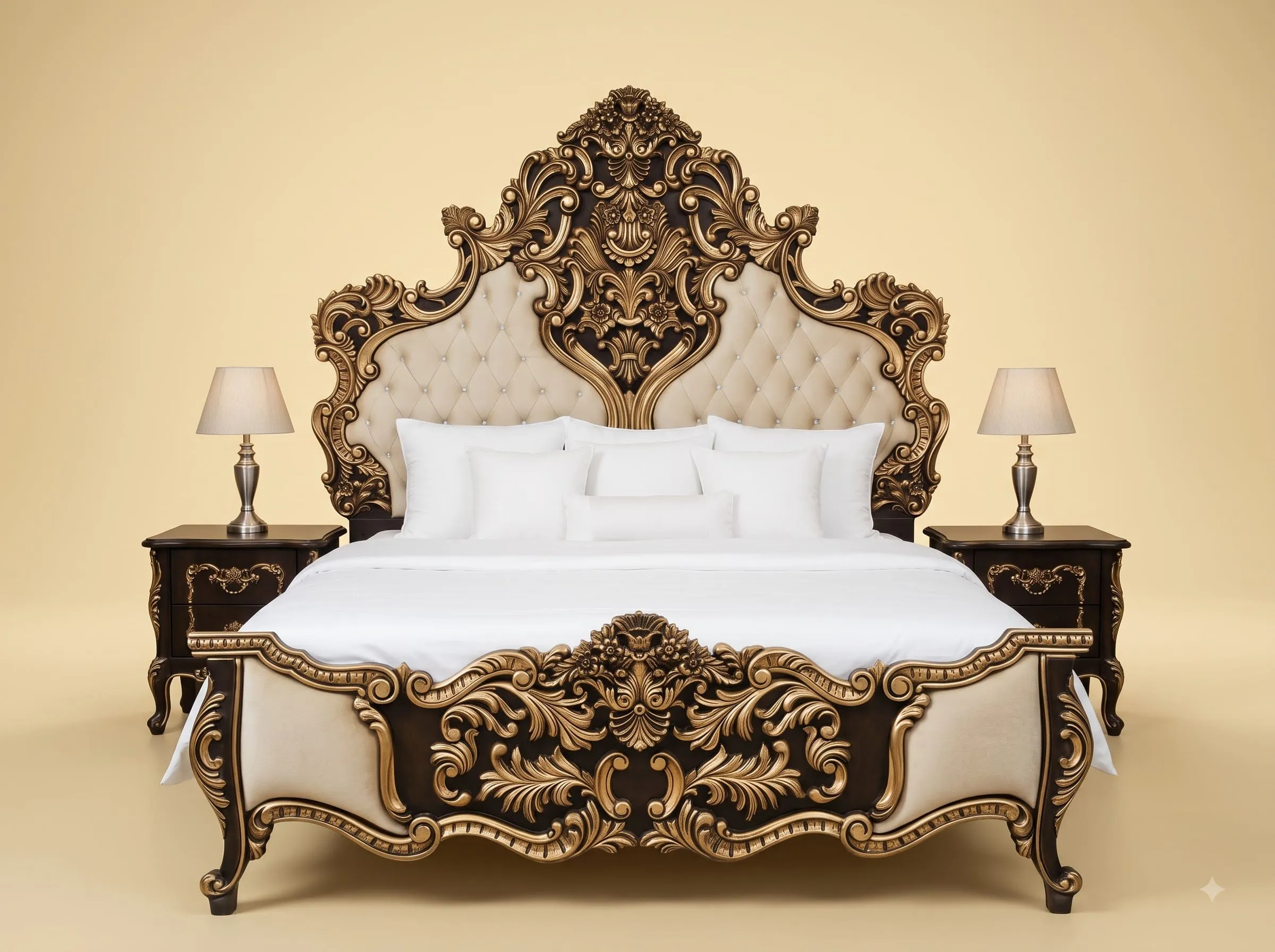 King Size Bed with Tufted Headboard - Carved Teak in Espresso and Gold