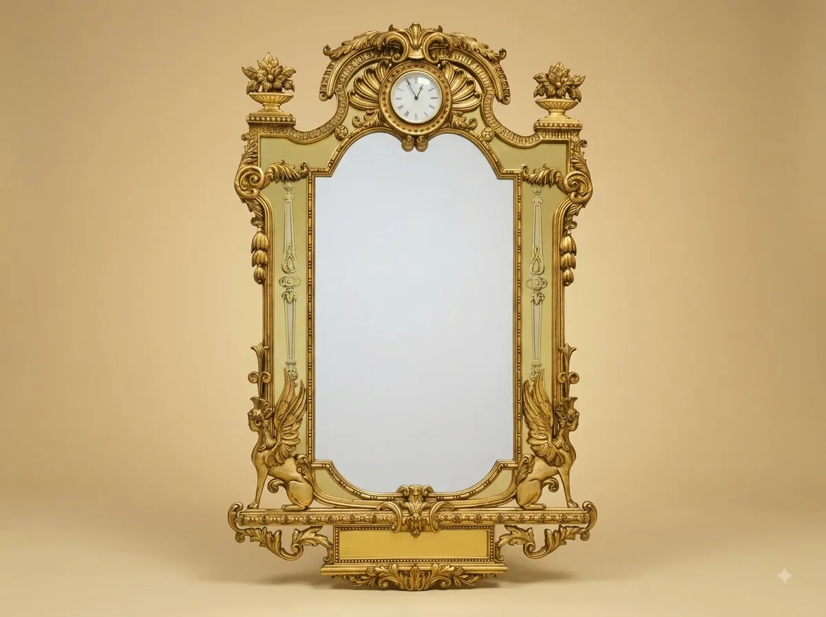 Mirror with Clock in Carved Teak with Griffins, Urns and a Base Shelf