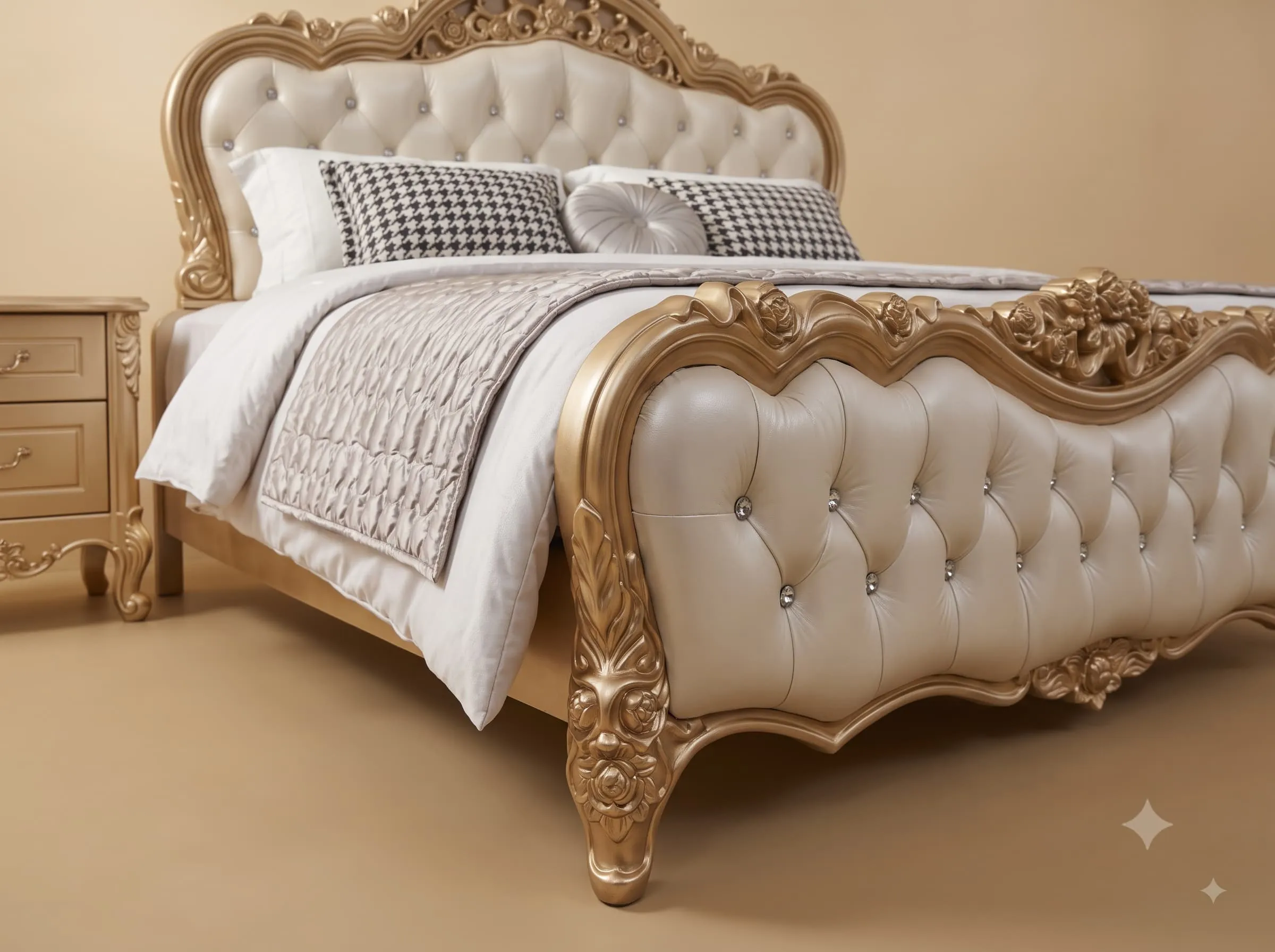 Double Bed Design in Carved Teak - Cream Tufted with Champagne Gold