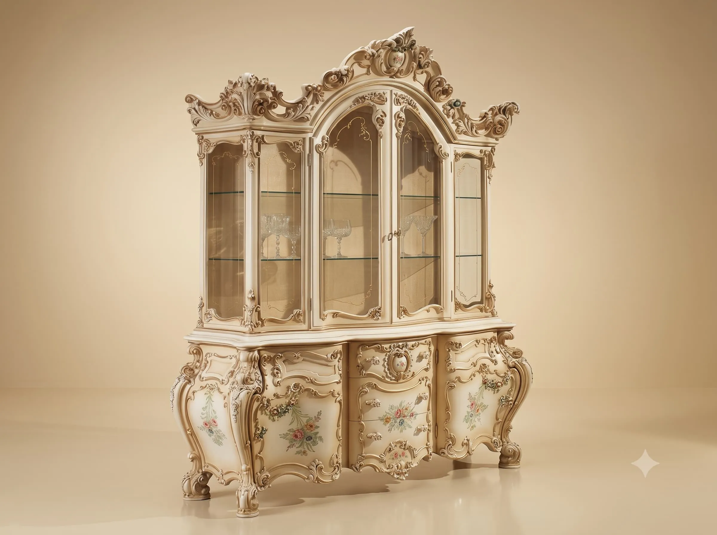 Display Cabinet for Living Room in Carved Teak with Bombe Base