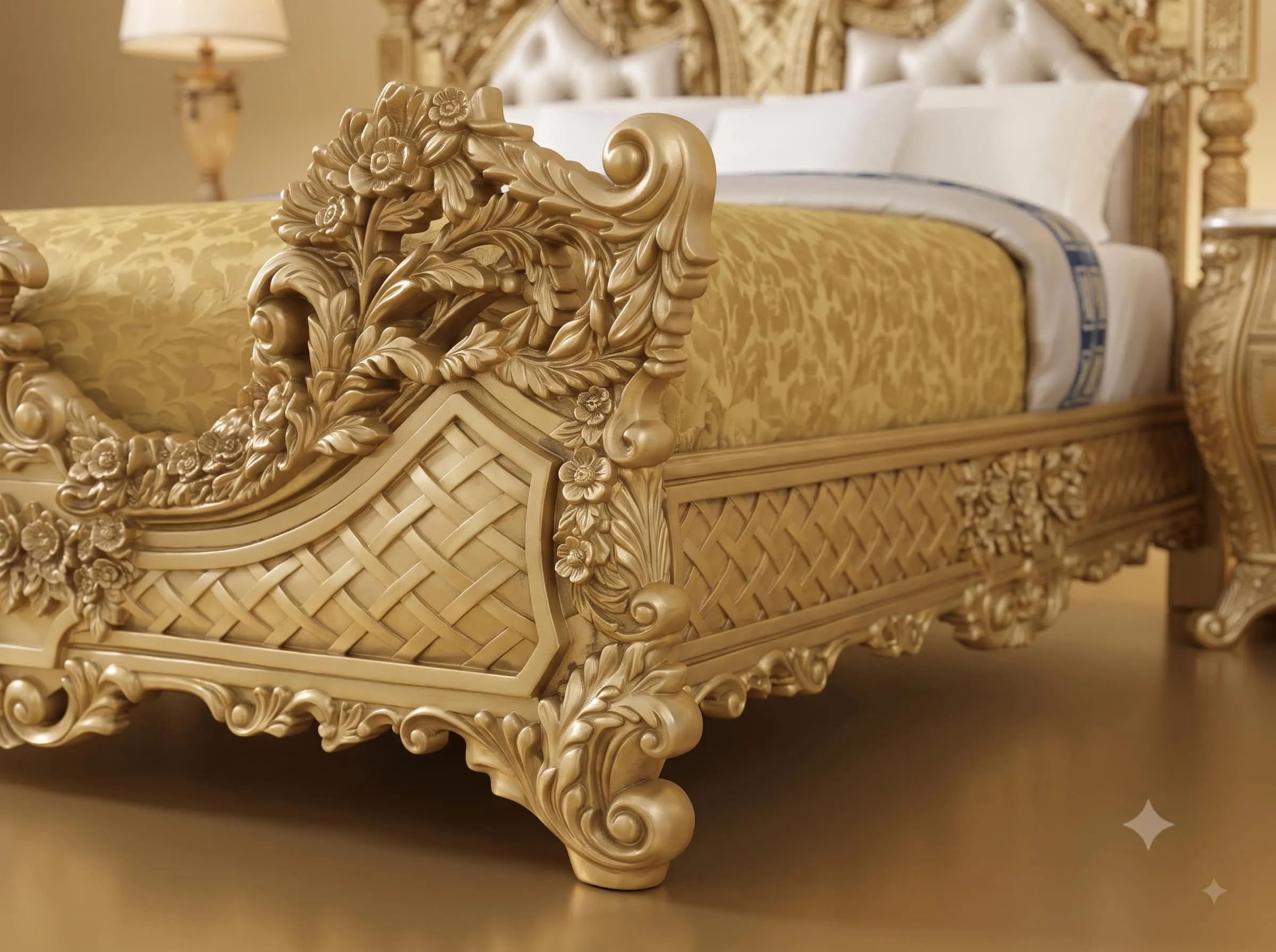 Luxury Gold Carved Teak Bed with Ornate Floral Headboard