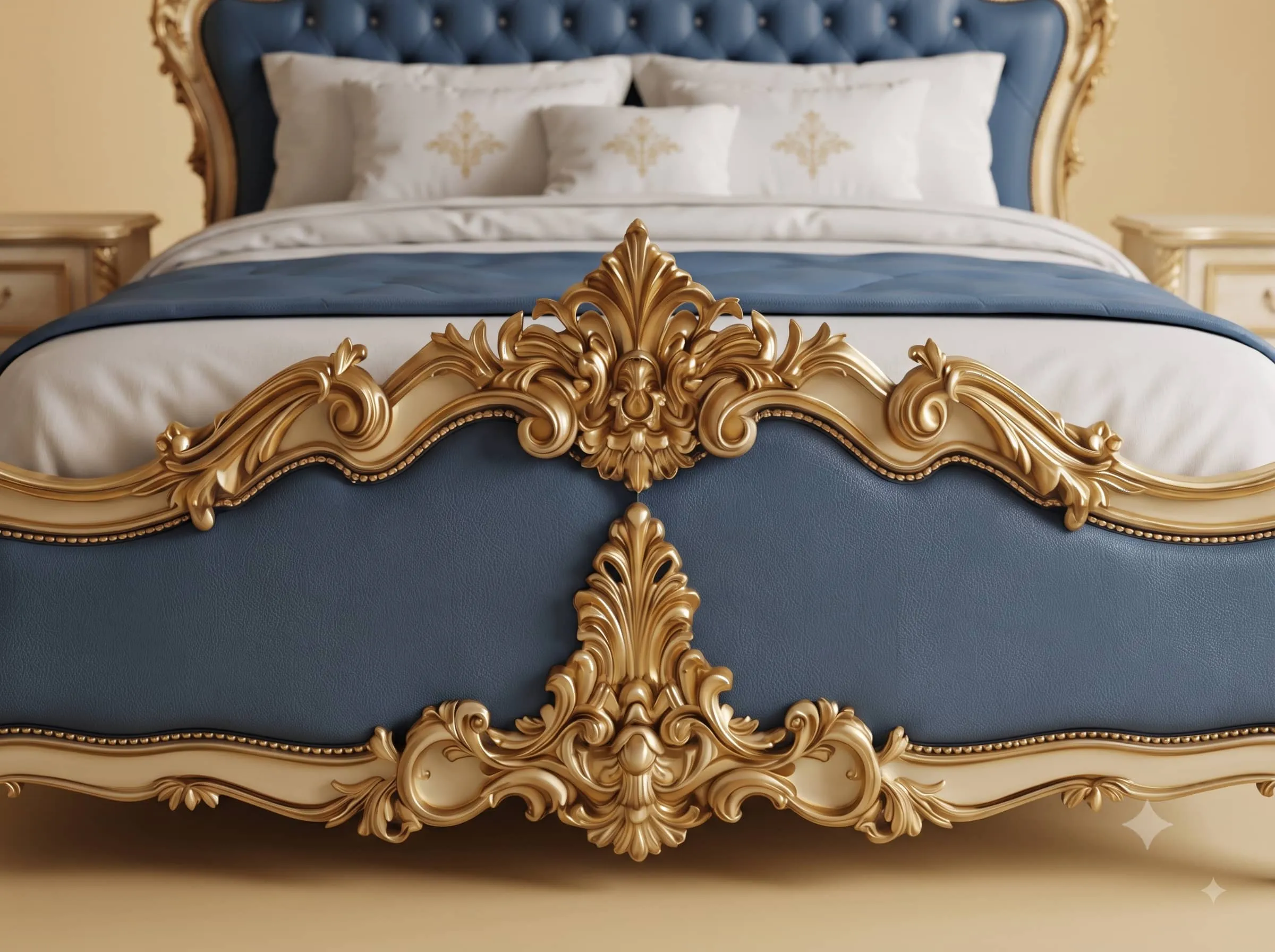 Blue Bed Design in Carved Teak - Ivory and Gold Frame with Tufted Head