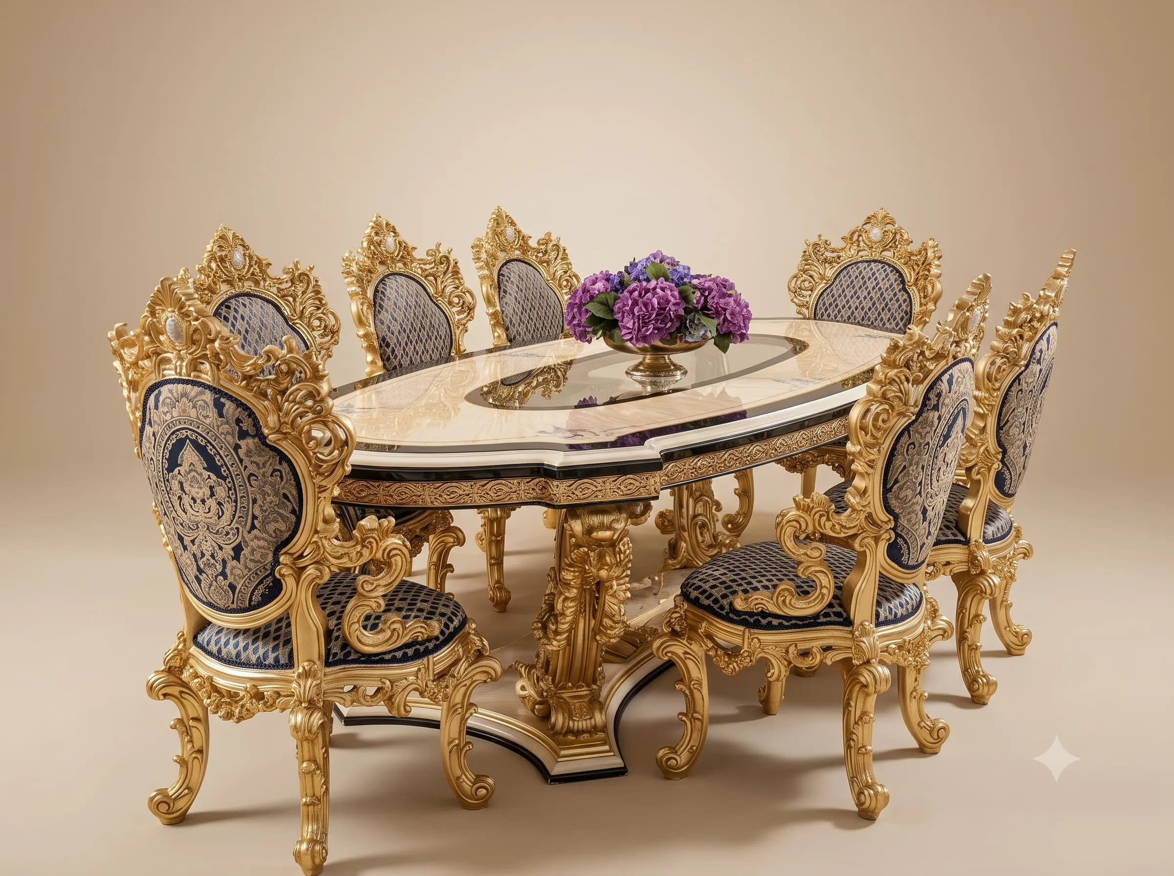 Gold Dining Table Set in Carved Teak with Navy Damask Chairs