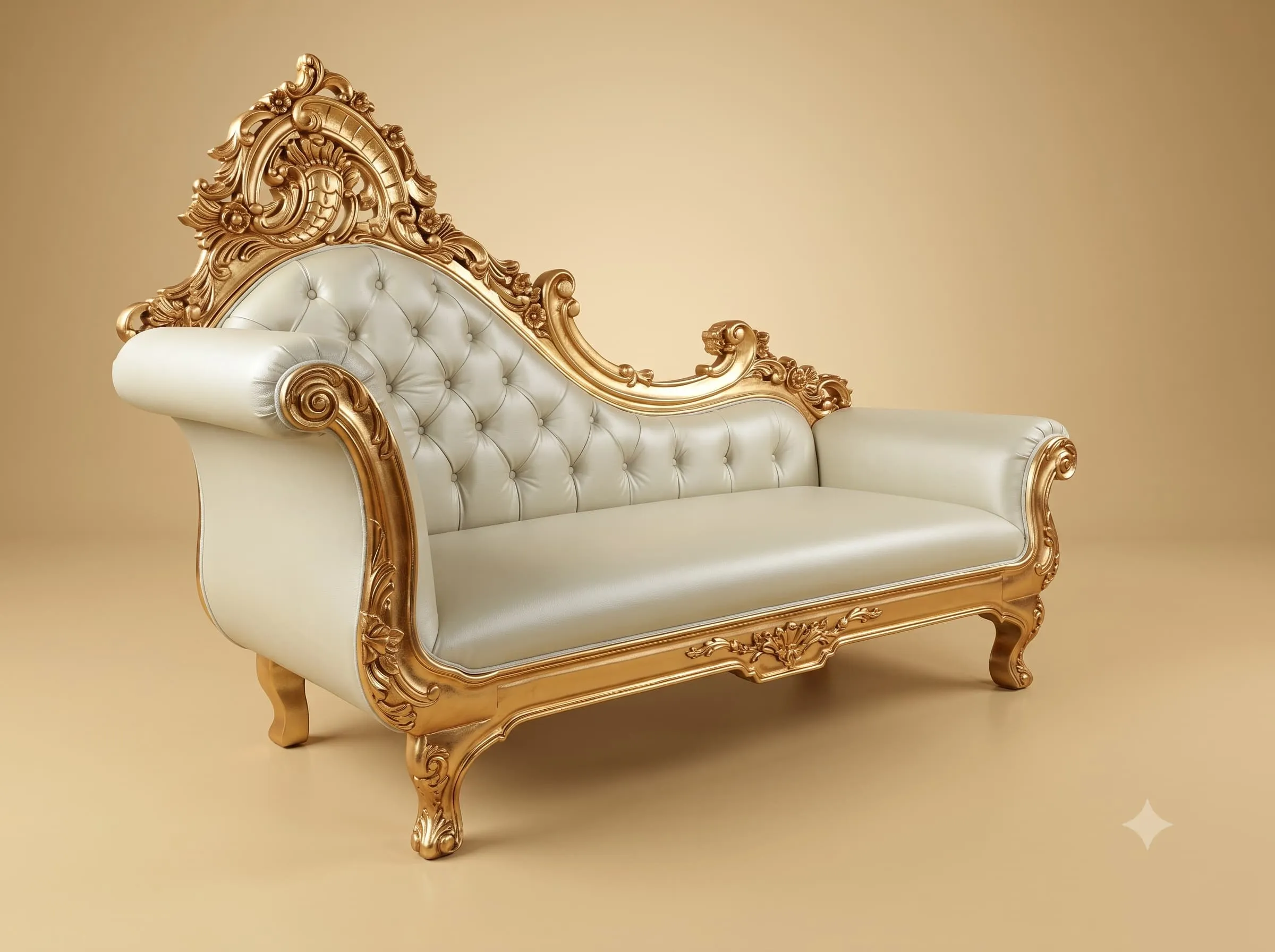 White Diwan in Gold Leaf Teak with a Pierced Carved Crest