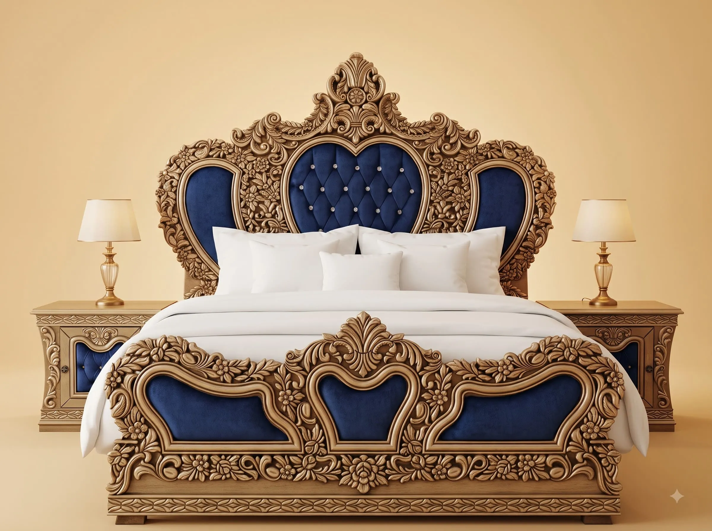 Royal Blue Bed in Carved Teak - Crystal Buttoned Velvet Panels