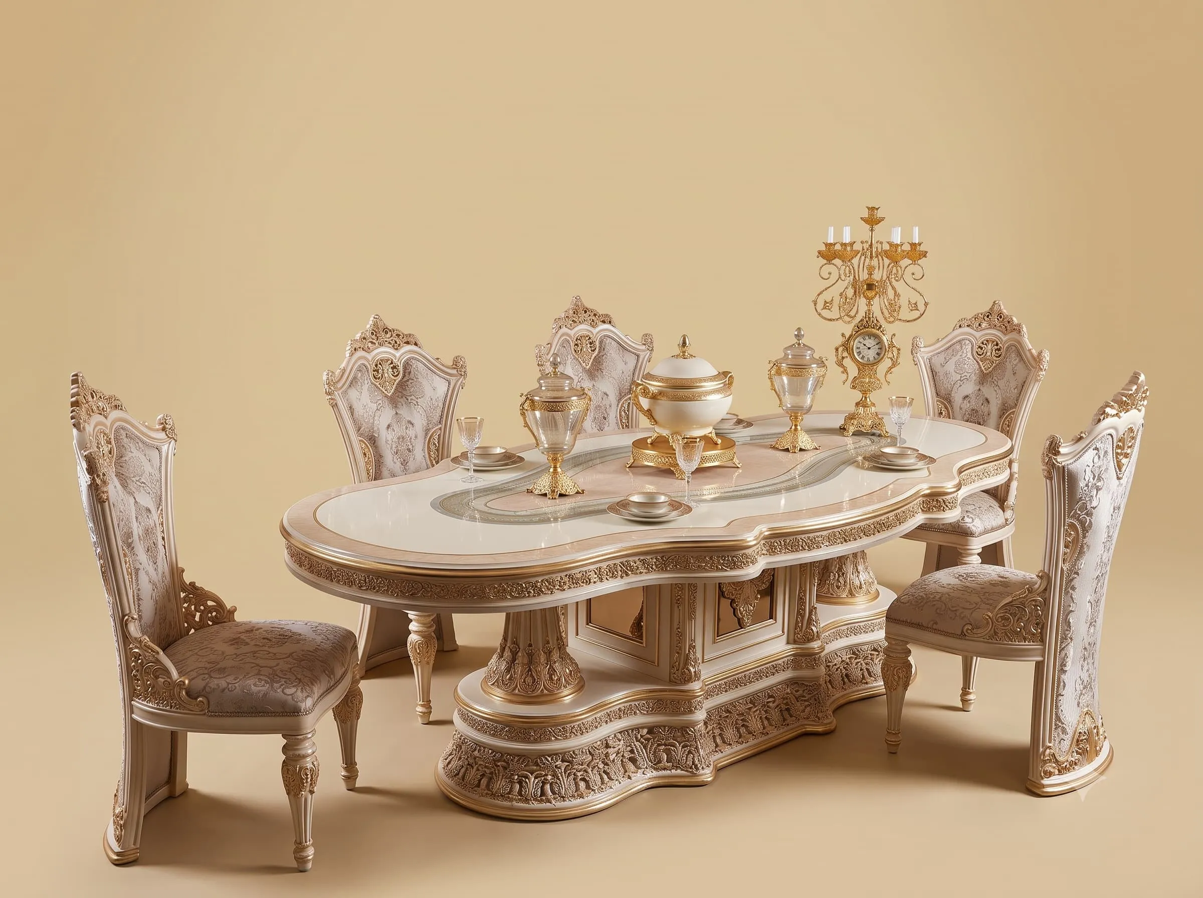Royal Dining Table Set in Carved Teak with Sculpted Plinth Base