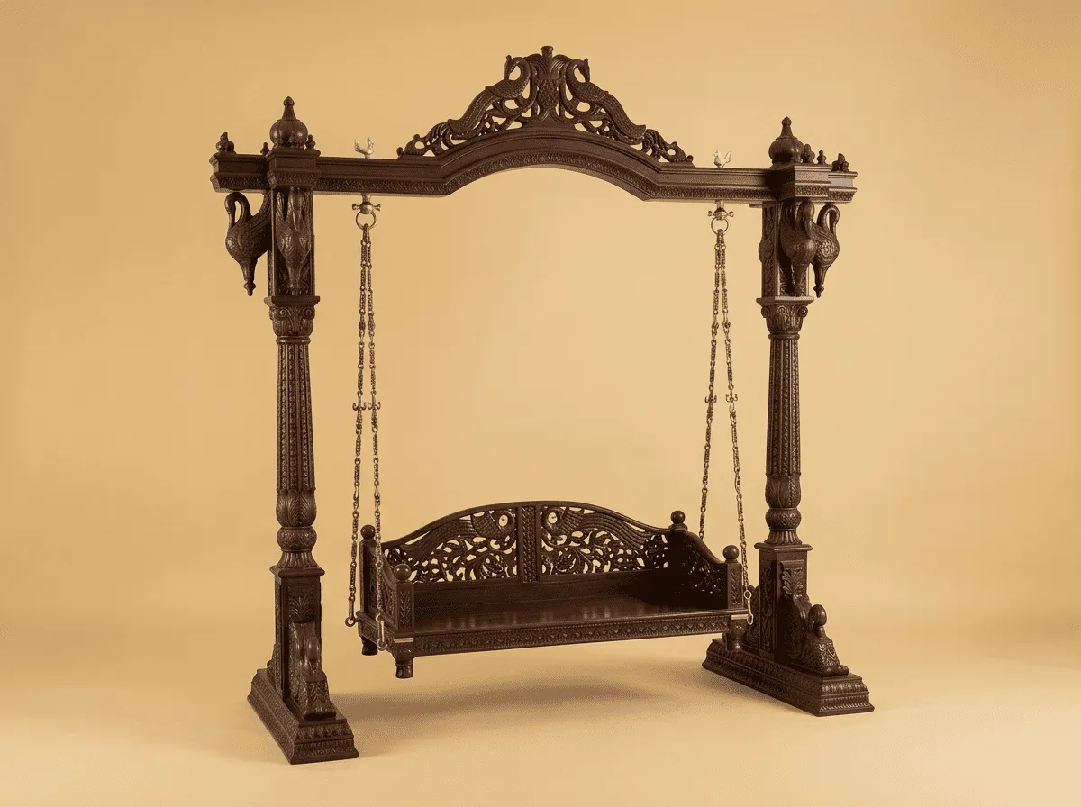 Antique Wooden Jhula in Carved Teak - 2 Seater Swing with Arched Crown